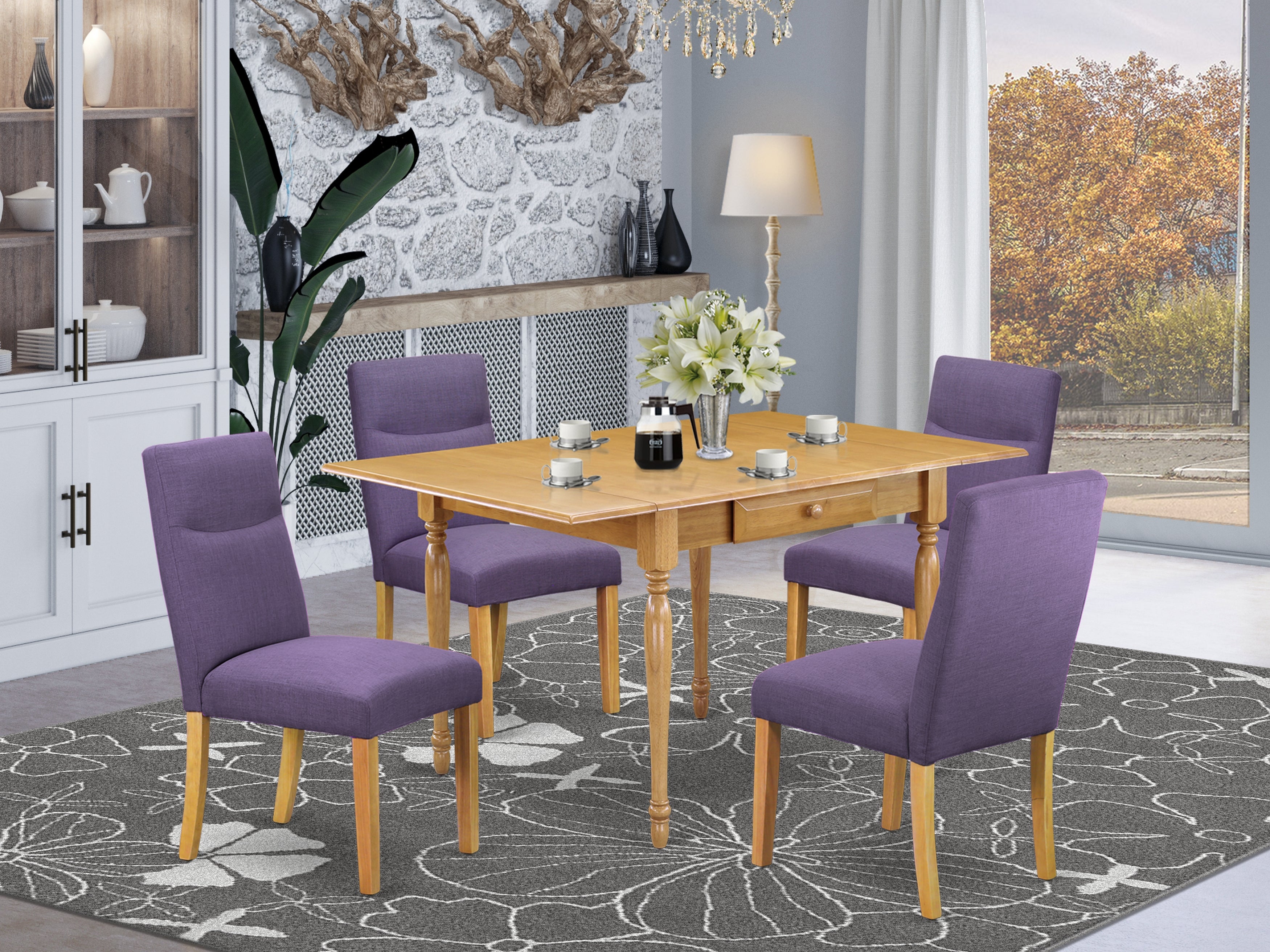 East West Furniture MZBE5-OAK-10 5Pc Kitchen Table Set Offers a Small Kitchen Table and 4 Parsons Dining Chairs with Dahlia Color Linen Fabric, Drop Leaf Table with Full Back Chairs, Oak Finish