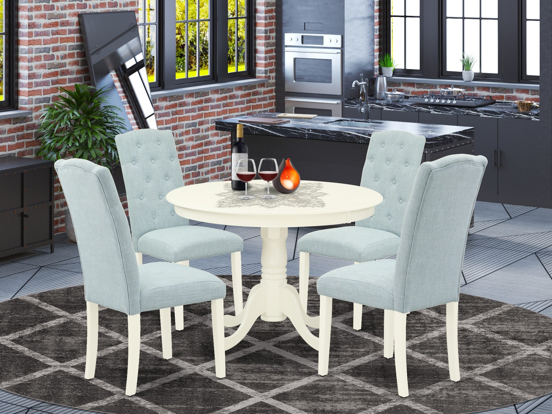 HLCE5-LWH-15 5Pc Dining Set Includes a Round Dinette Table and Four Parson Chairs with Baby Blue Fabric, Linen White Finish