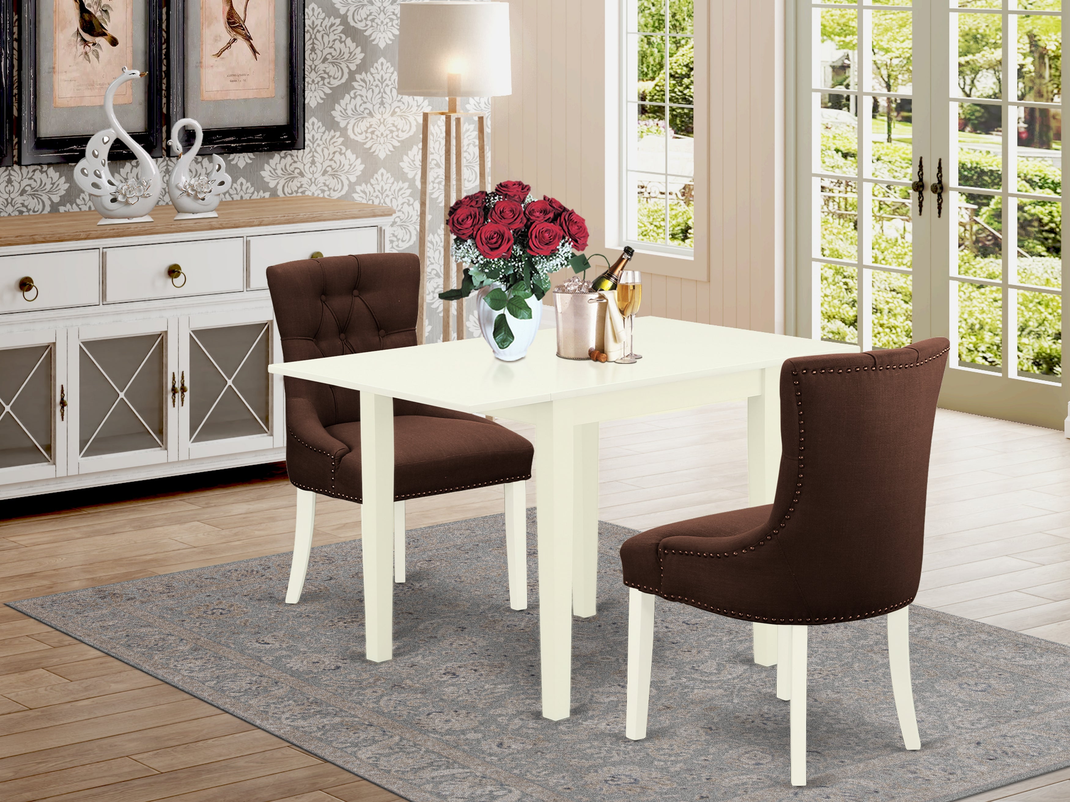 East West Furniture NDFR3-LWH-19 Dinette Set 3 Pcs - 2 Dining Room Chairs and wood table - Linen White Finish Wood - Chocolate Color Linen Fabric
