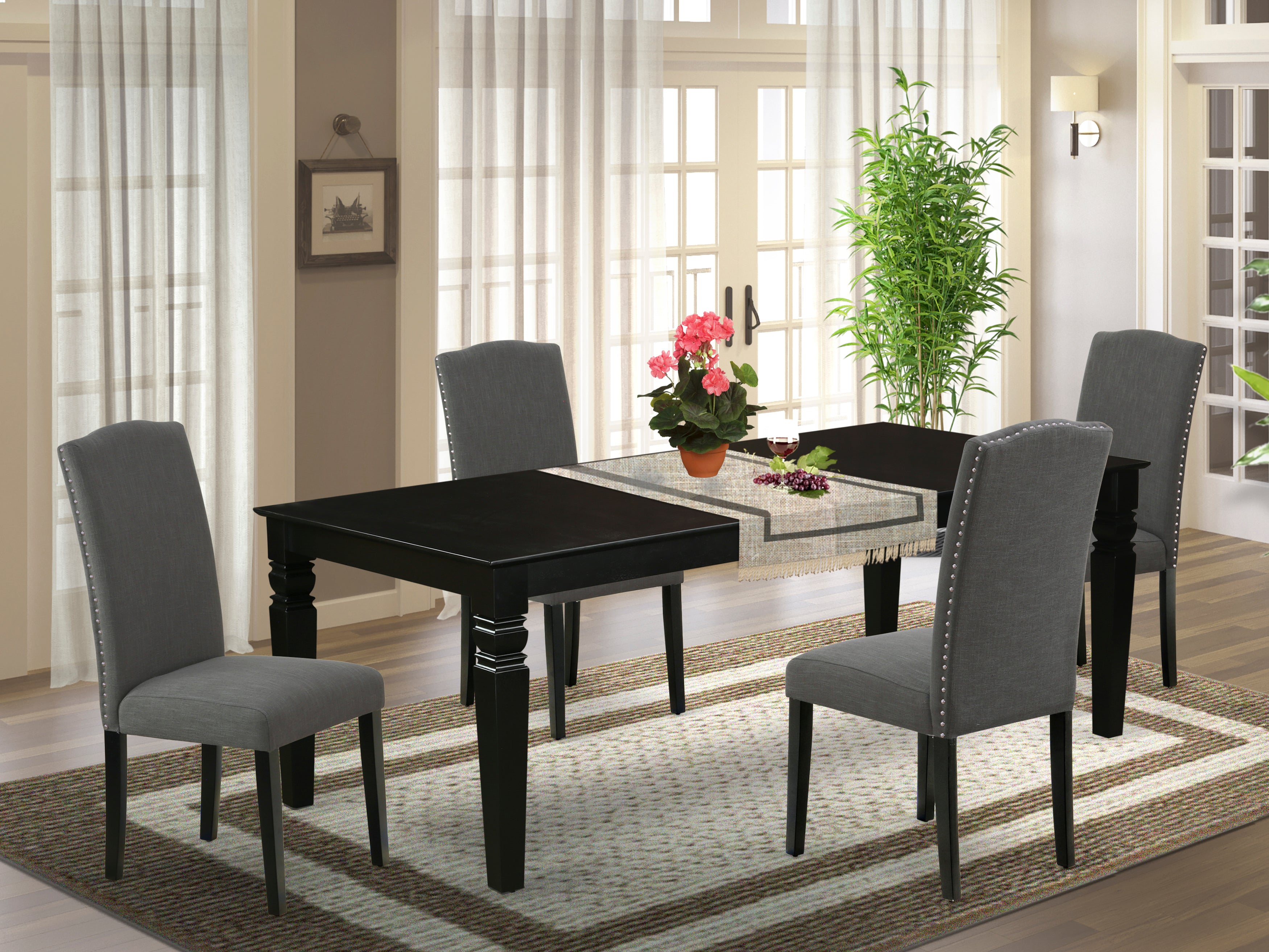LGEN5-BLK-20 5Pc Rectangular 66/84 Inch Table With 18 In Leaf And Four Parson Chair With Black Leg And Linen Fabric Dark Gotham Grey