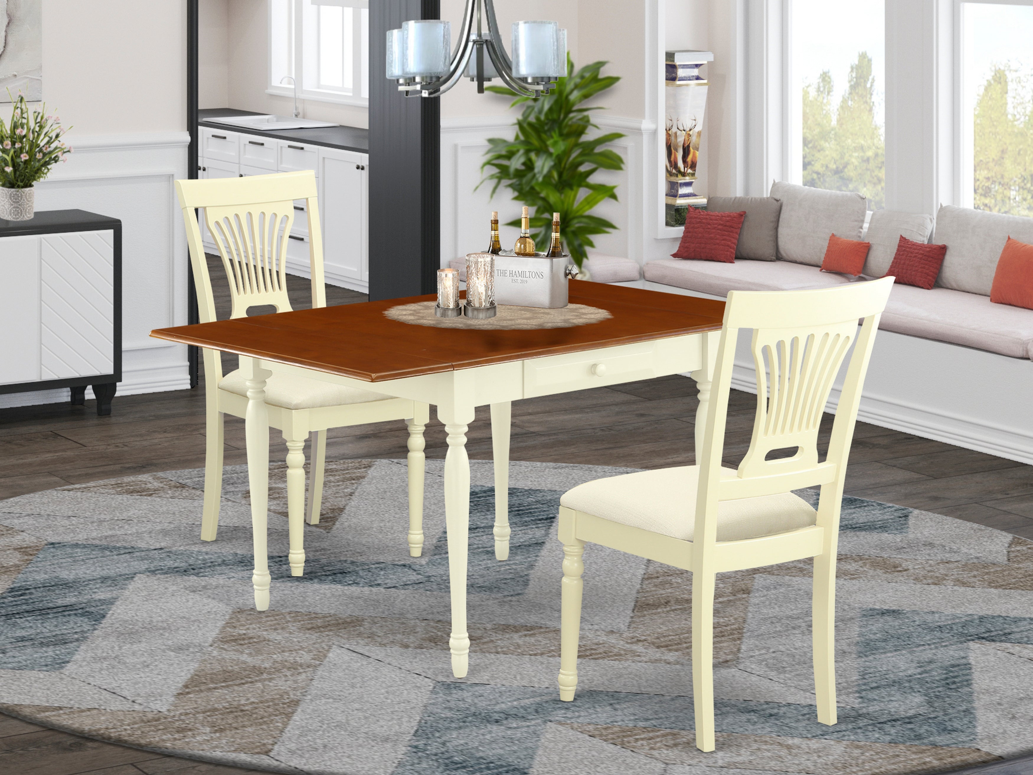 East West Furniture MZPL3-WHI-C 3 Pieces Modern Dining Table set - Robust Two 9-Inch Drop Down Leaves Real Wood Modern Dining Table and 2 Microfiber Upholstery Seat Dining Room Chairs, Buttermilk and Cherry Finish