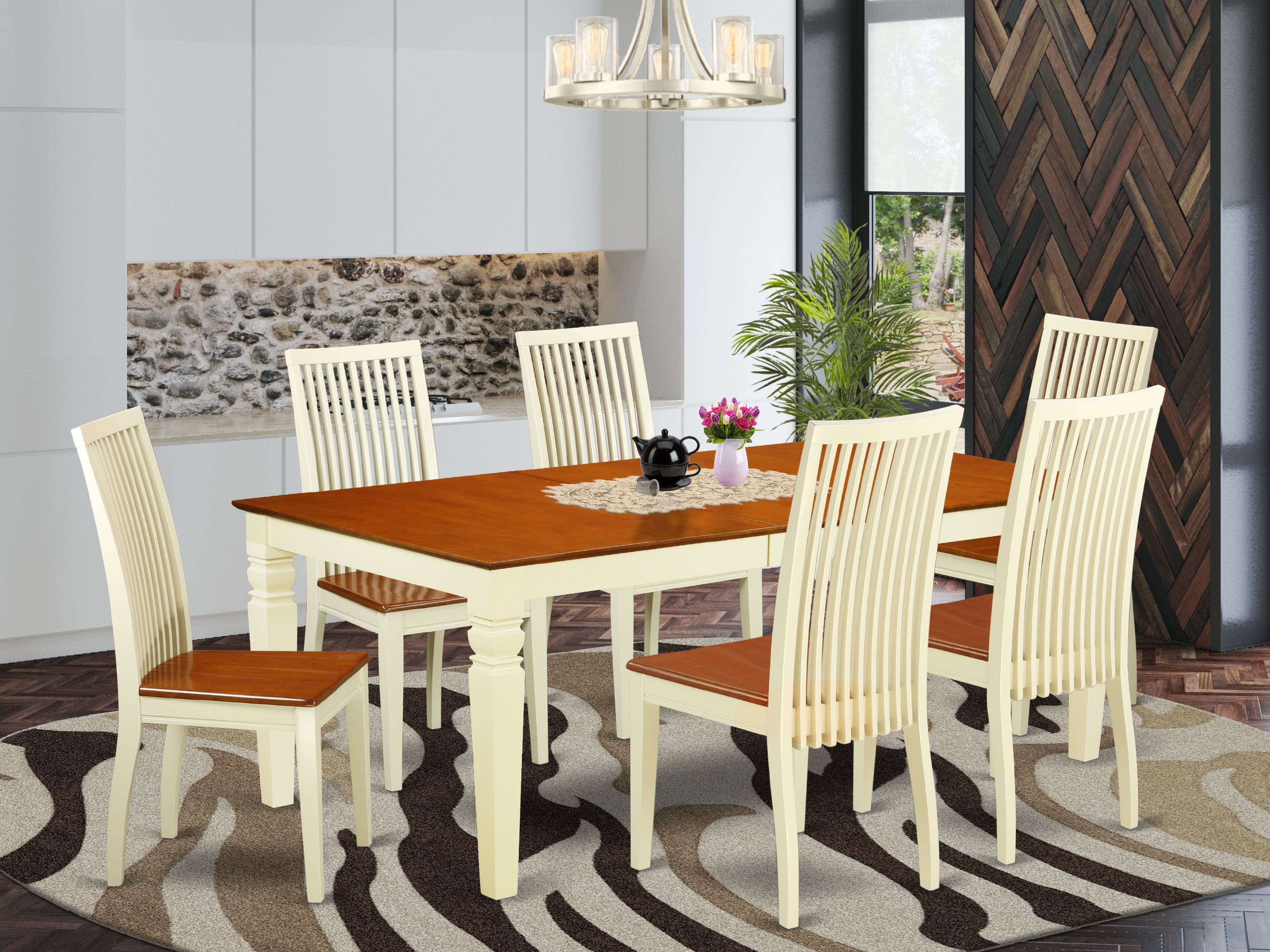 LGIP7-BMK-W 7 Pc Dining Set With One Logan Dinning Table And Six Wood Kitchen Chairs Finished In A Rich Buttermilk and Cherry Color.