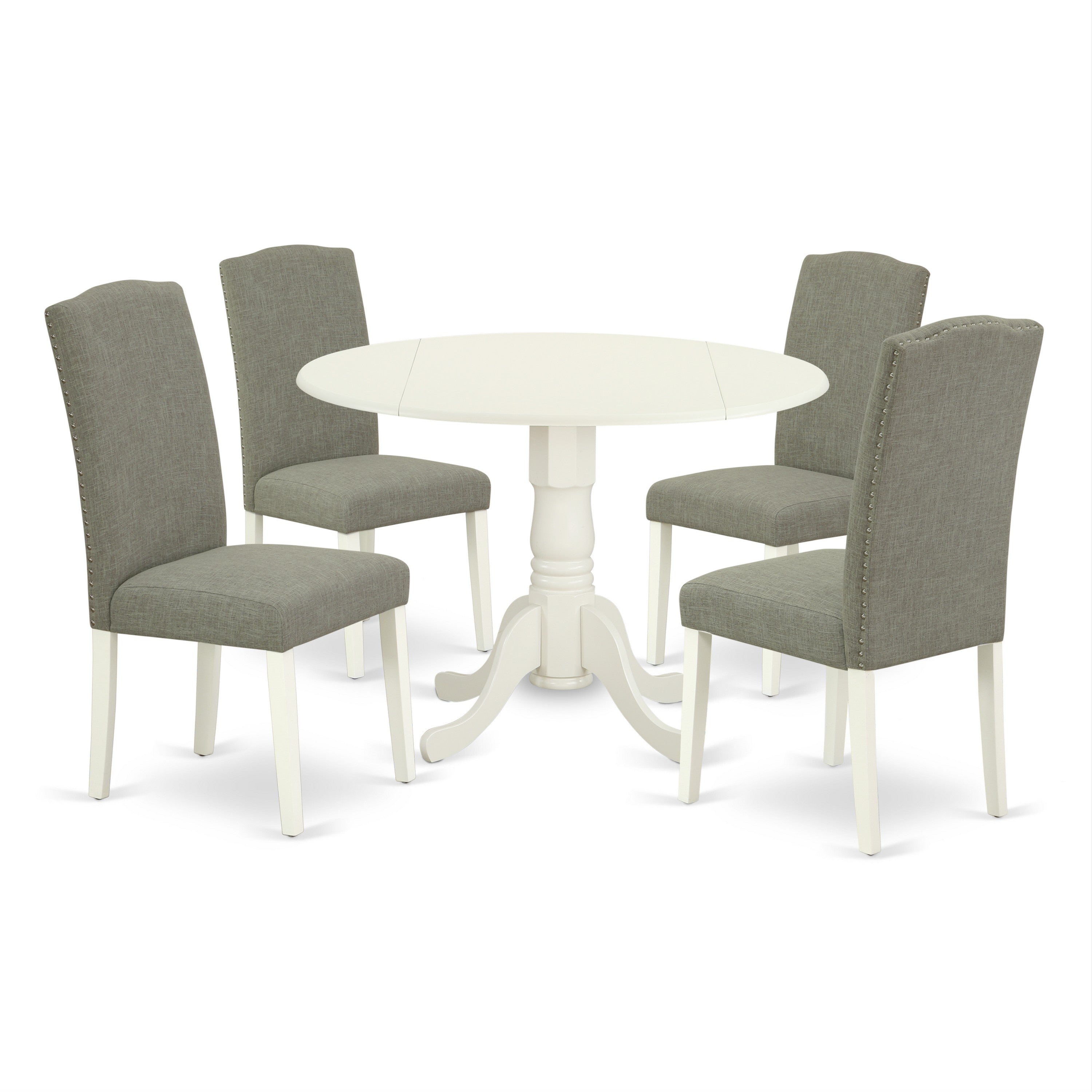 DLEN5-LWH-06 5Pc Round 42" Kitchen Table With Two 9-Inch Drop Leaves And Four Parson Chair With Linen White Leg And Linen Fabric Dark Shitake