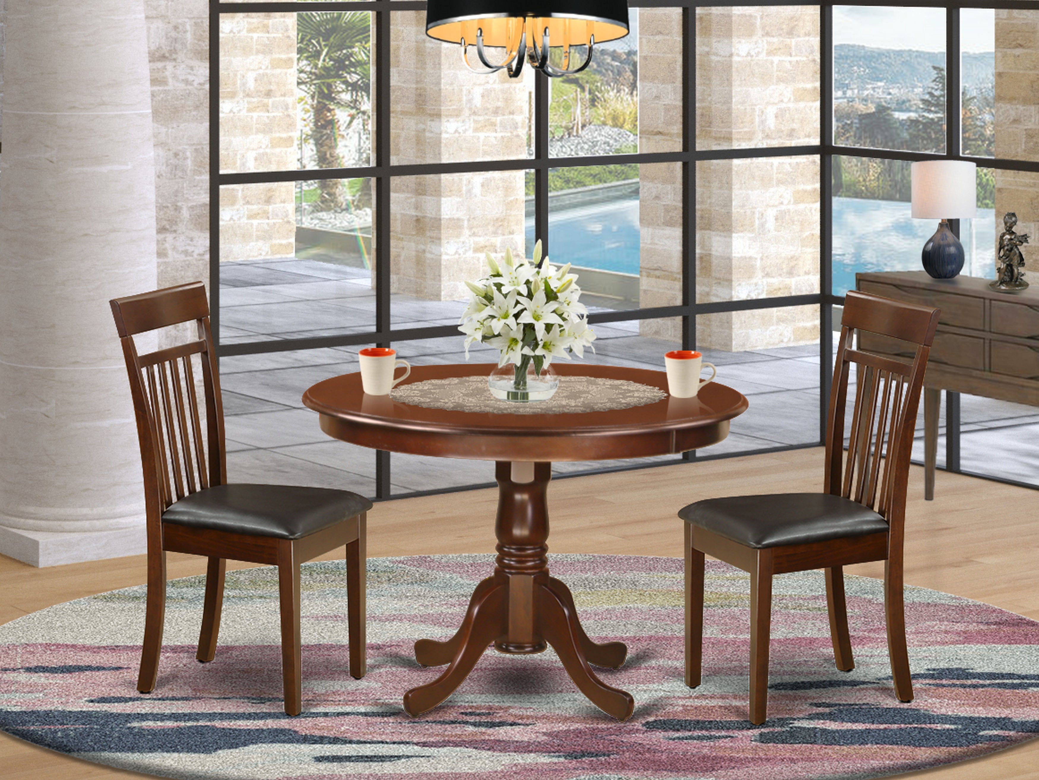 HLCA3-MAH-LC 3 Pc set with a Round Kitchen Table and 2 Leather Kitchen Chairs in Mahogany
