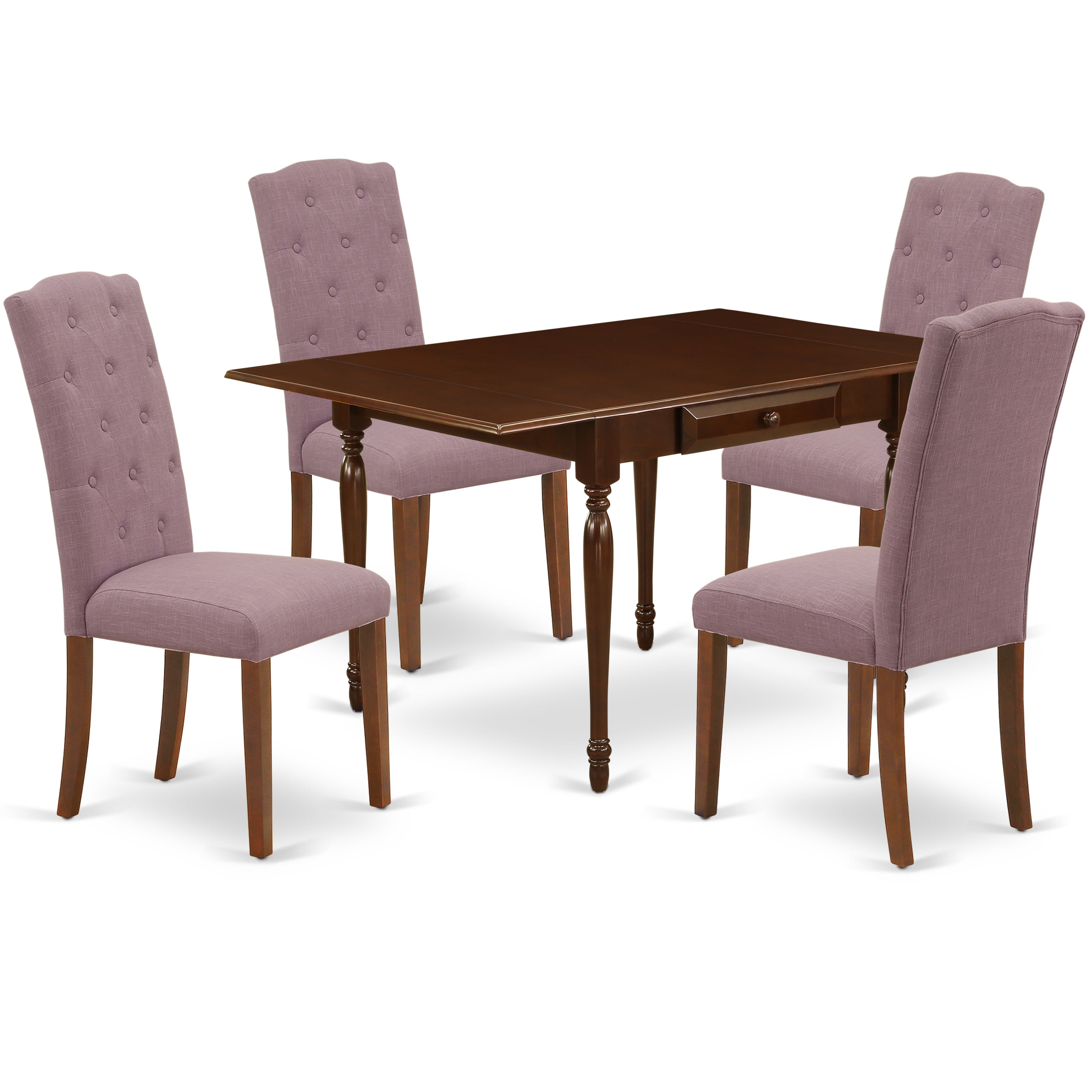East West Furniture MZCE5-MAH-10 5Pc Dinette Set Offers a Wood Table and 4 Parsons Dining Chairs with Dahlia Color Linen Fabric, Drop Leaf Table with Full Back Chairs, Mahogany Finish