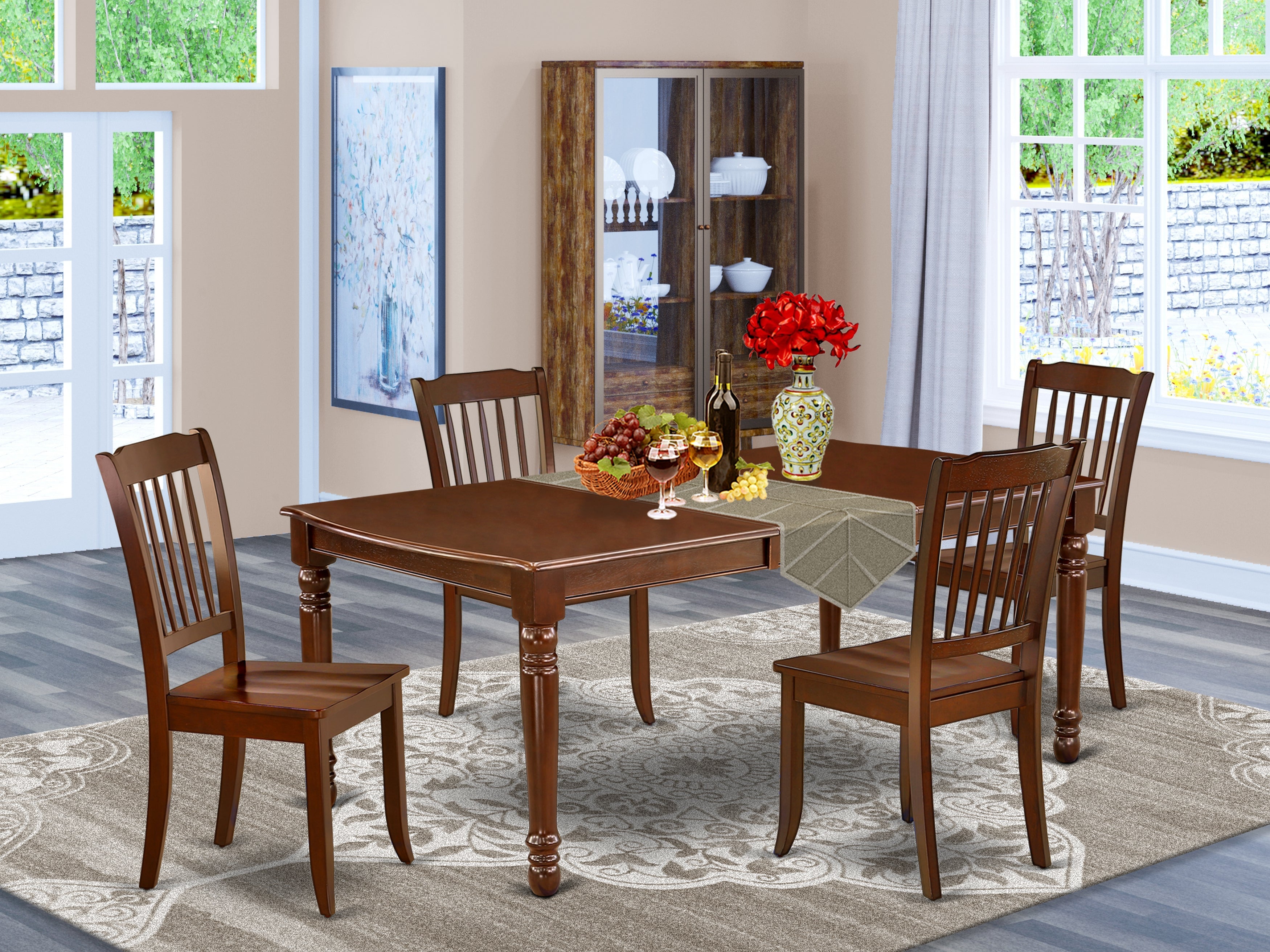 DODA5-MAH-W 5PC Rectangular 60/78 inch Table with 18 In Leaf and 4 vertical slatted Chairs