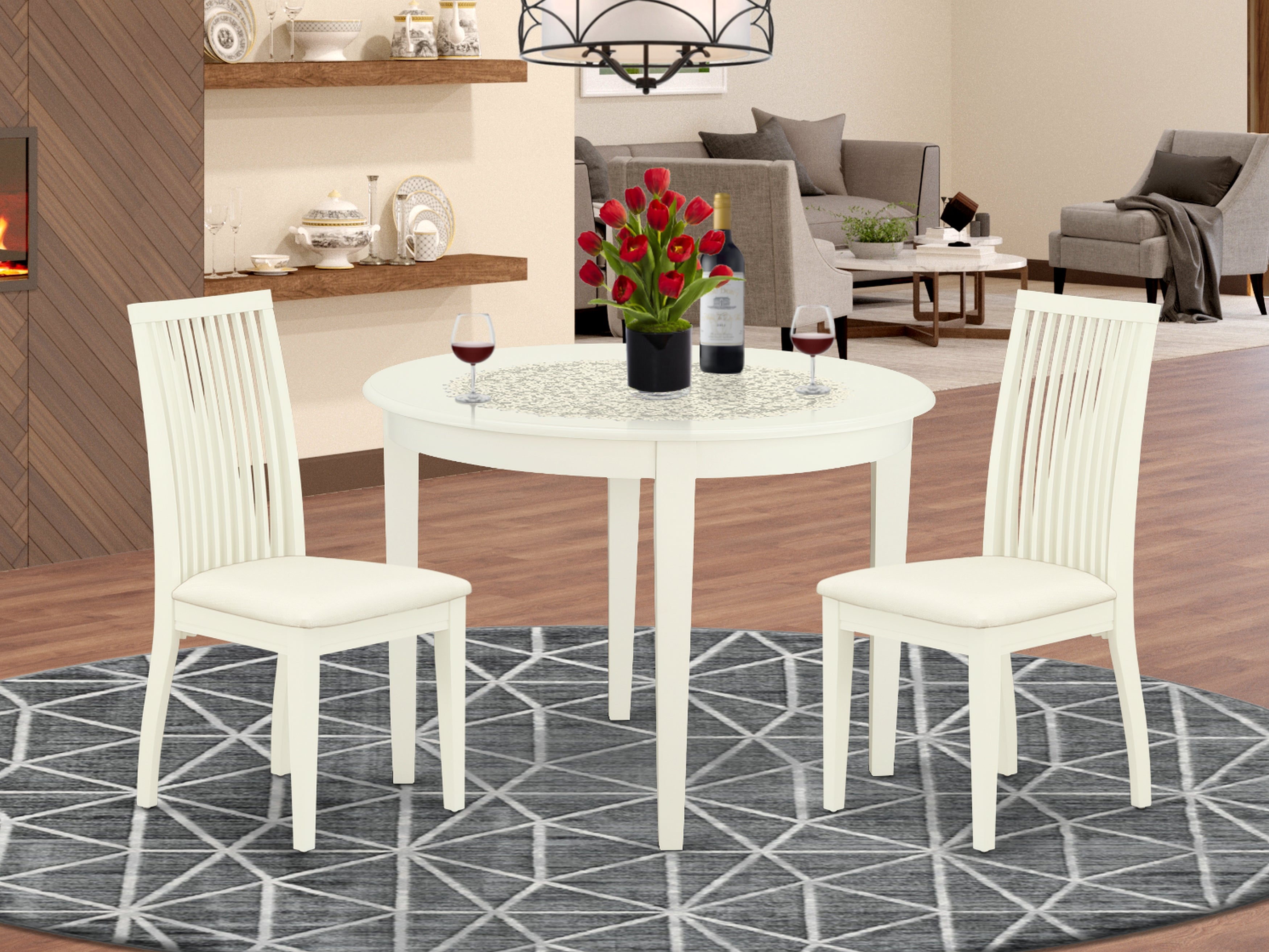 BOIP3-WHI-C 3Pc Dinette Set Includes a Rounded Kitchen Table and Two Microfiber Seat Dining Chairs, White Finish