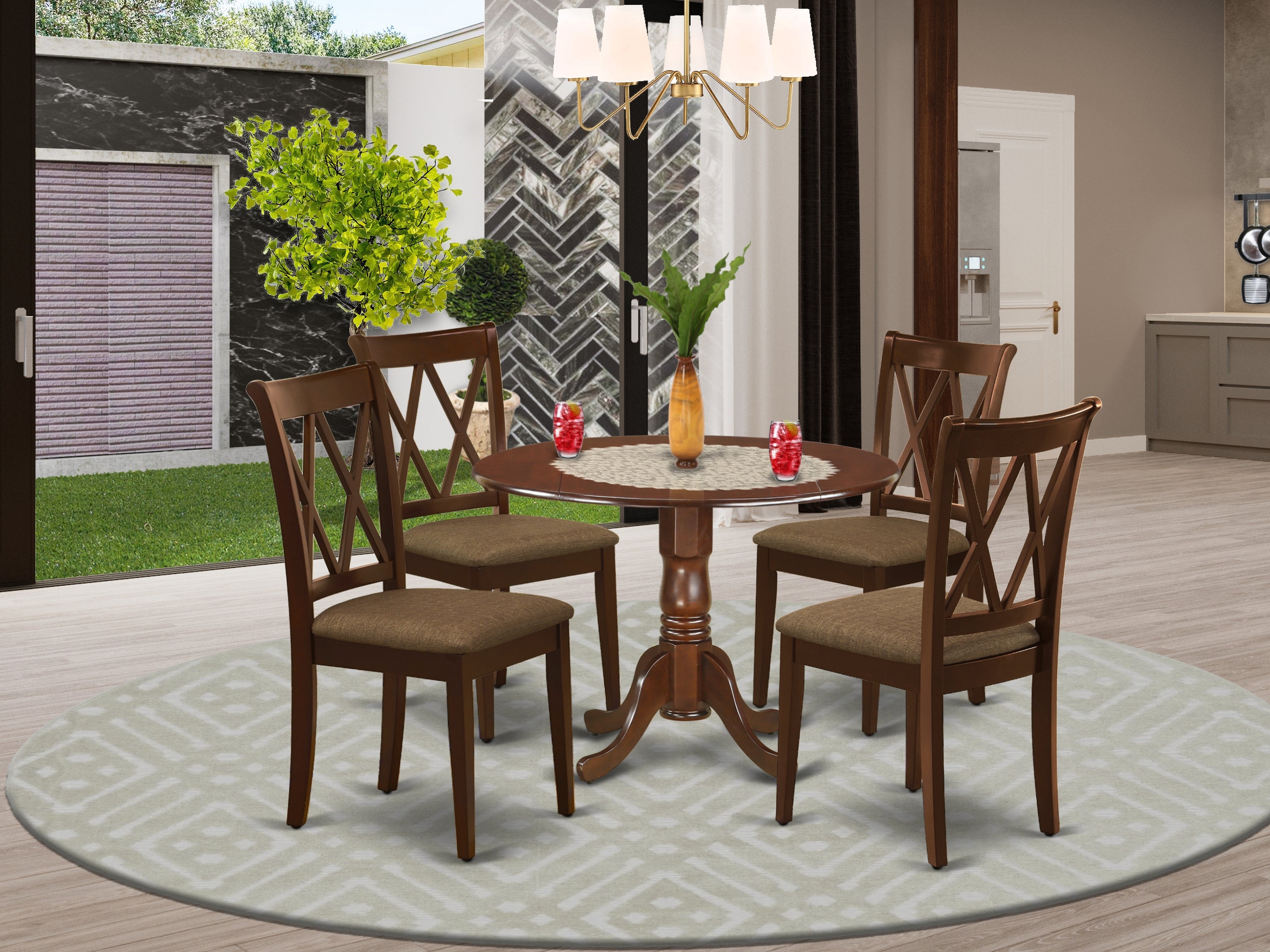 DLCL5-MAH-C 5Pc Dining Set Includes a Round Dinette Table with Drop Leaves and Four Double X Back Microfiber Seat Kitchen Chairs, Mahogany Finish