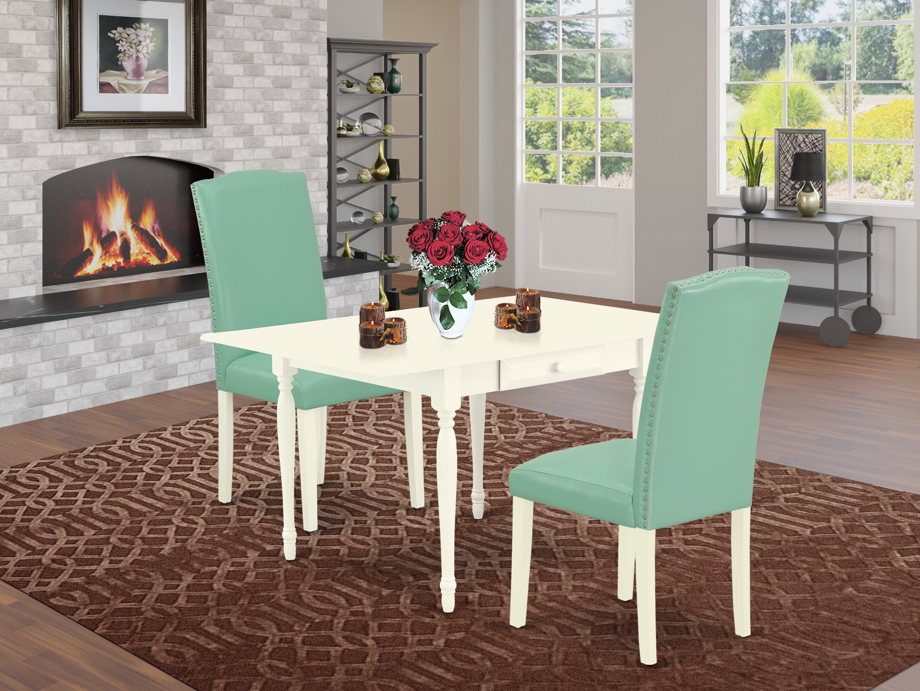 East West Furniture MZEN3-LWH-57 3Pc Dining Room Table Set Offers a Rectangle Table and 2 Upholstered Dining Chairs with Pond Color PU Leather, Drop Leaf Table with Full Back Chairs, Linen White Finish