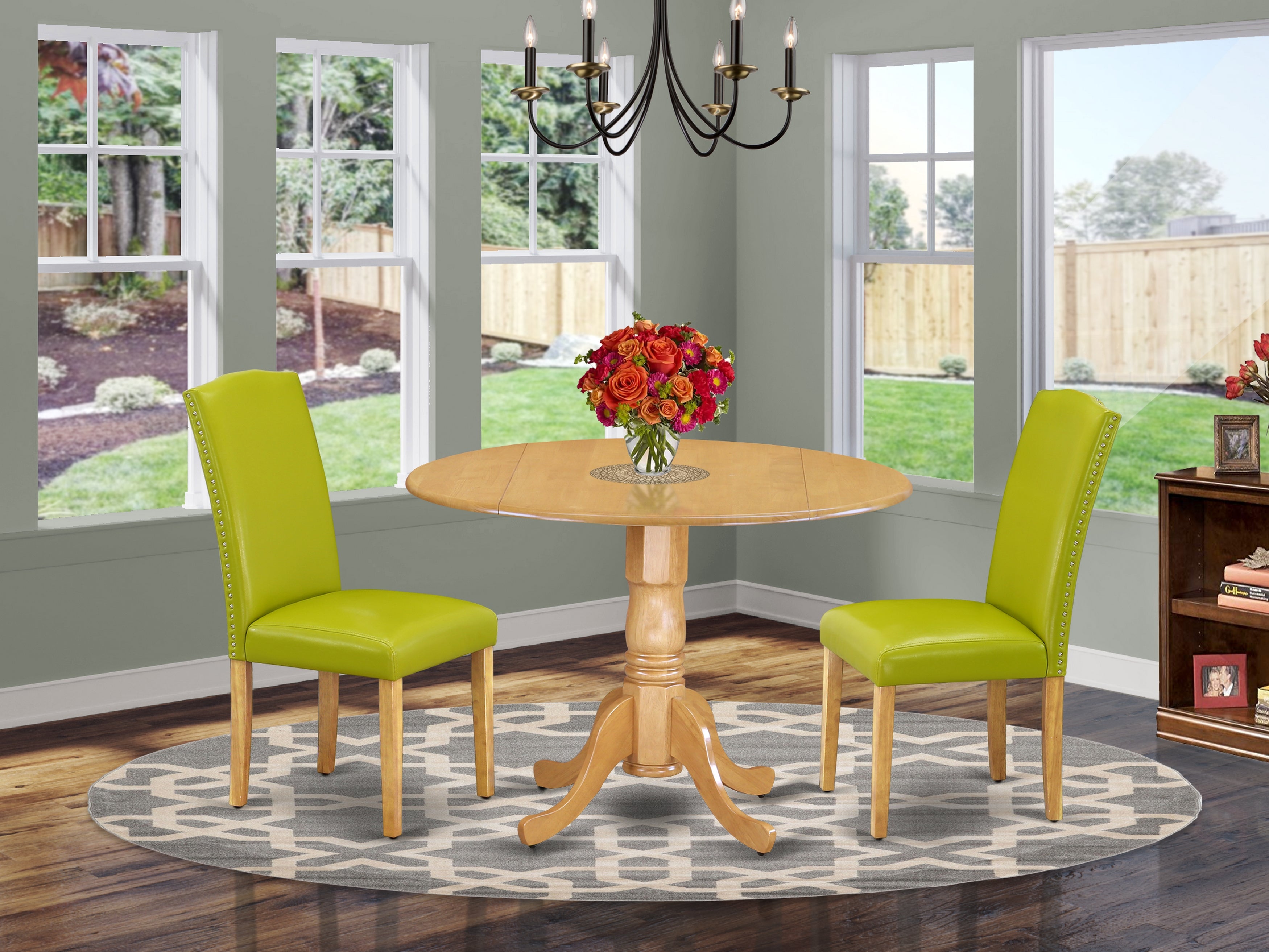 DLEN3-OAK-51 3Pc Round 42 Inch Kitchen Table With Two 9-Inch Drop Leaves And A Pair Of Parson Chair With Oak Leg And Pu Leather Color Autumn Green