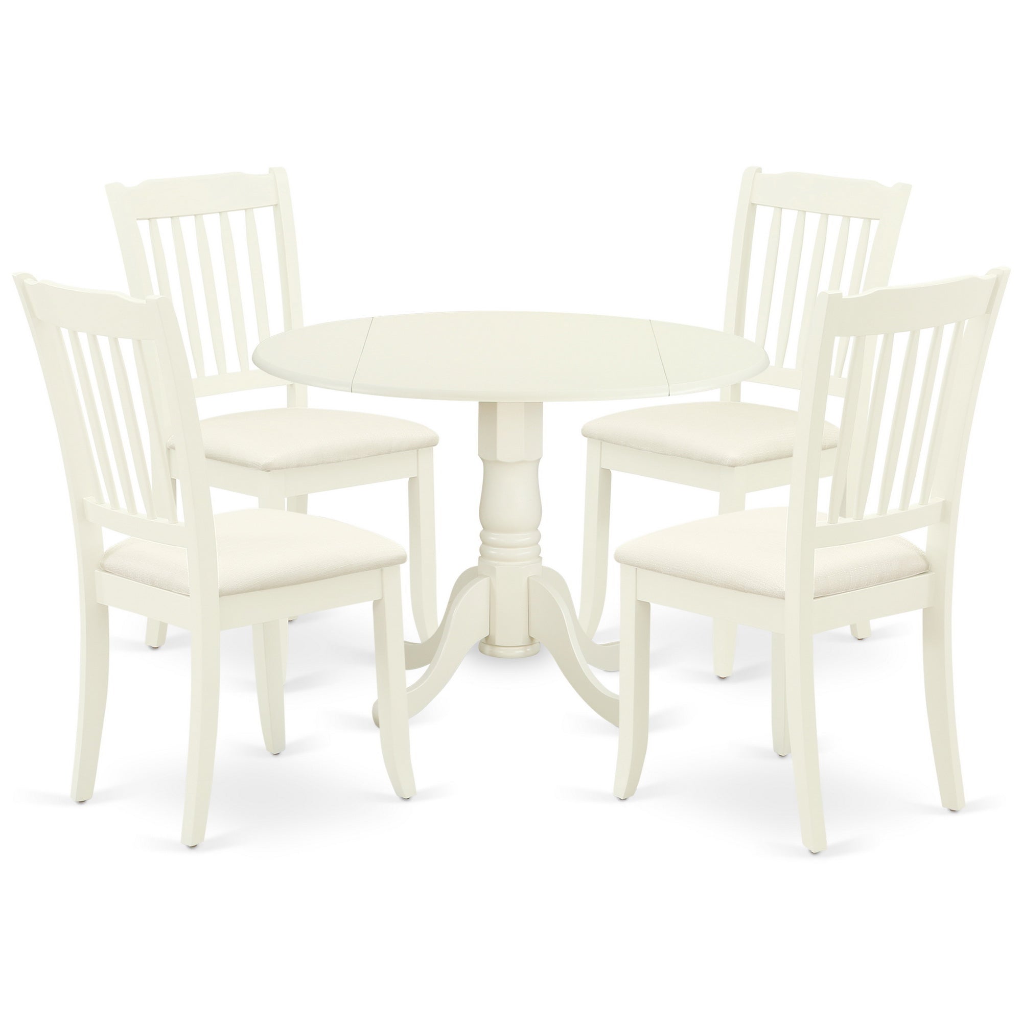DLDA5-WHI-C 5Pc Dining Set Includes a Round Dinette Table with Drop Leaves and Four Vertical Slatted Microfiber Seat Kitchen Chairs, White Finish
