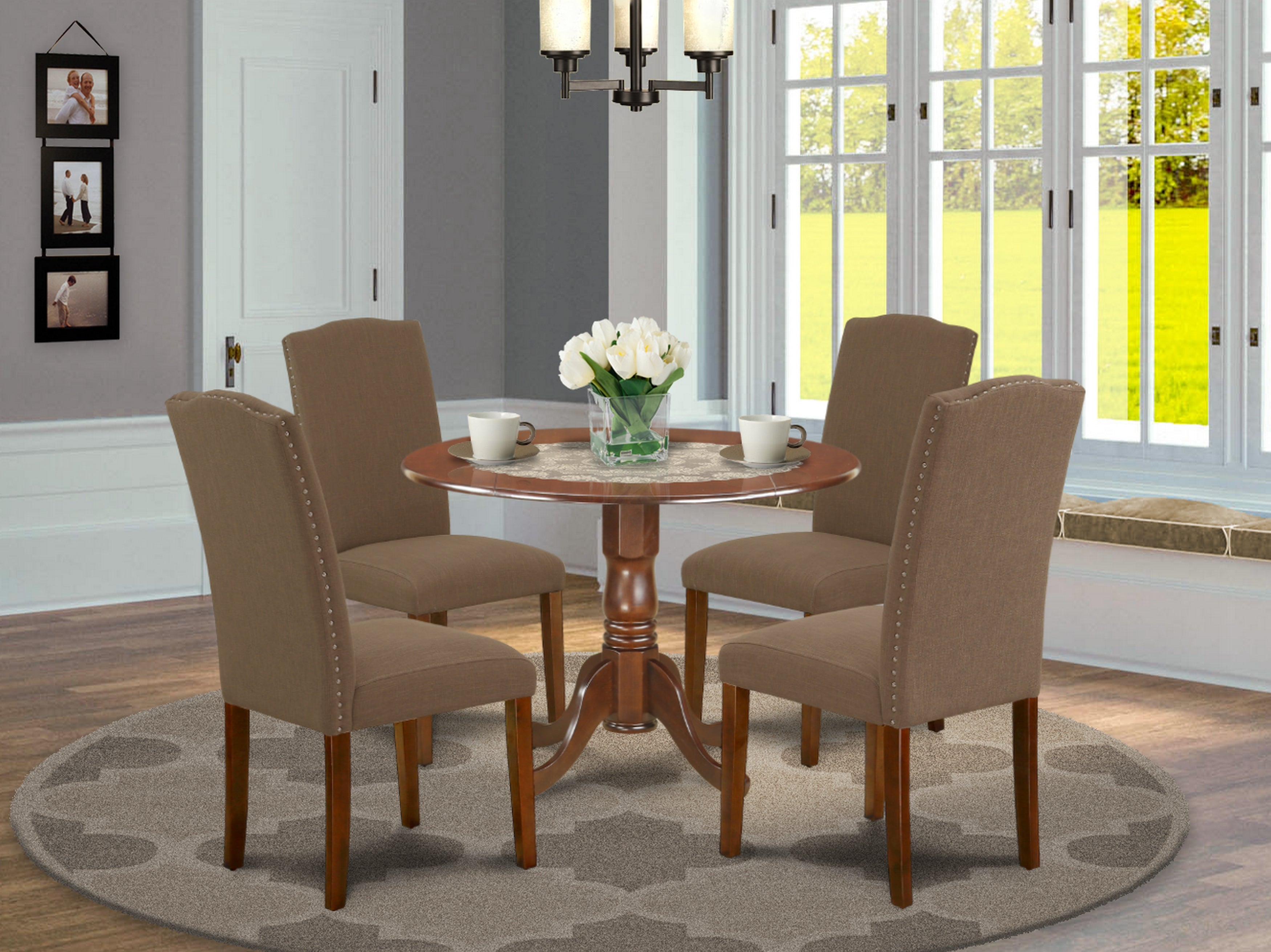 DLEN5-MAH-18 5Pc Round 42" Kitchen Table With Two 9-Inch Drop Leaves And Four Parson Chair With Mahogany Leg And Linen Fabric Dark Coffee