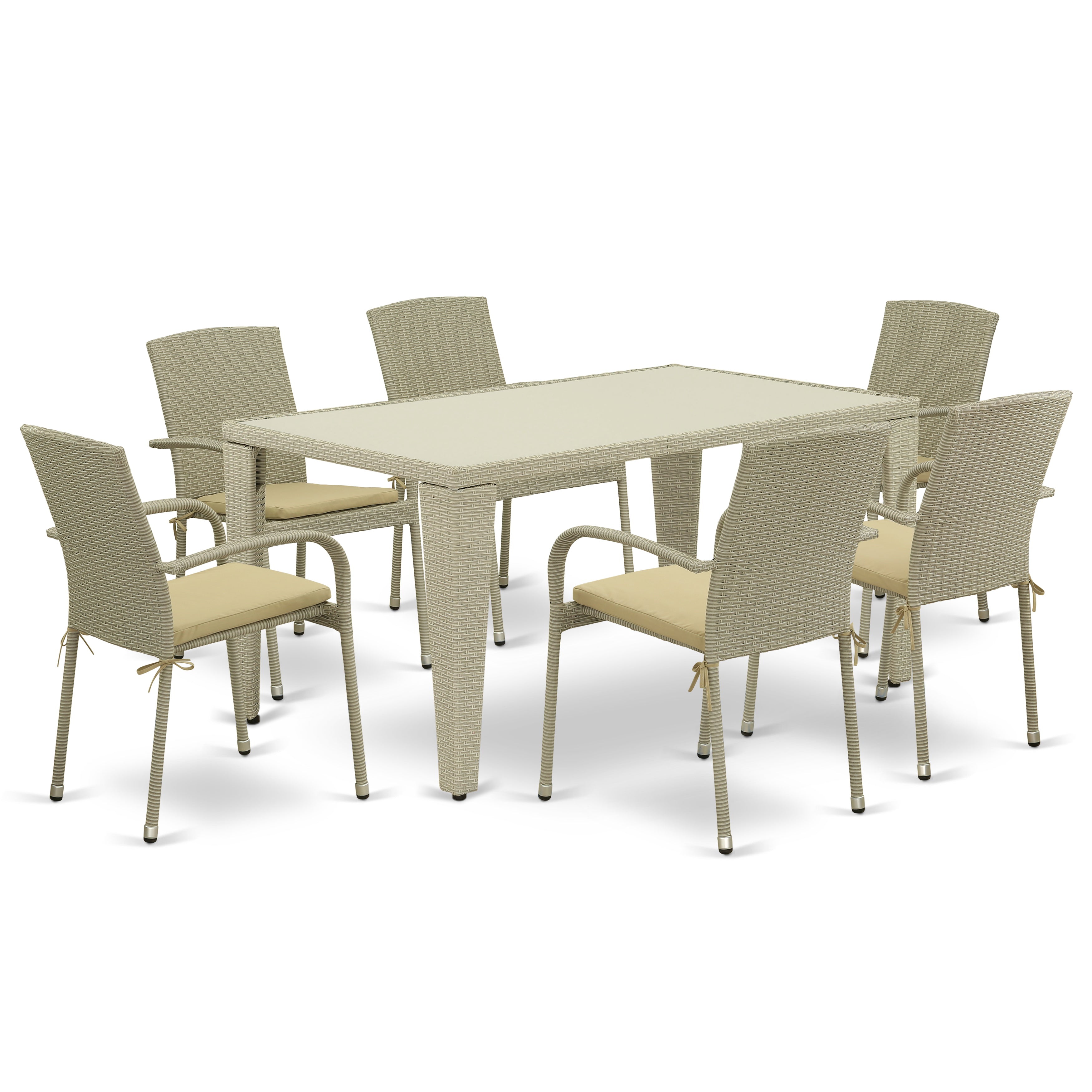 GUJU7-03A 7Pc Outdoor-Furniture Natural Color Wicker Dining Set Includes a Patio Table and 6 Balcony Backyard Armchair with Linen Fabric Cushion