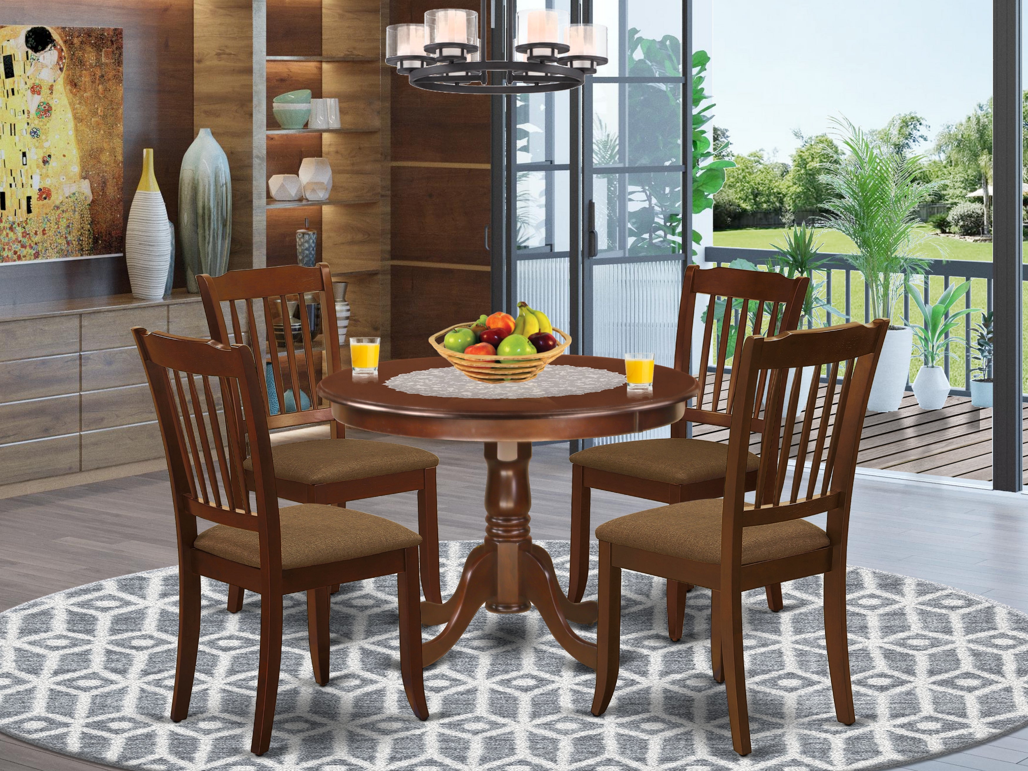 HLDA5-MAH-C 5Pc Dining Set Includes a Round Dinette Table and Four Vertical Slatted Microfiber Seat Kitchen Chairs, Mahogany Finish