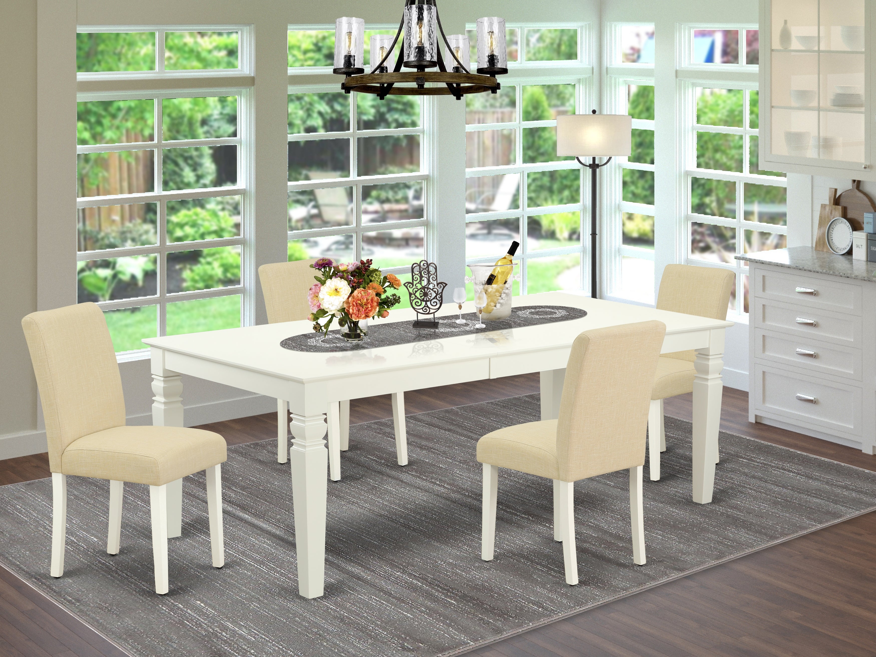 LGAB5-LWH-02 5Pc Rectangular 66/84 Inch Table With 18 In Leaf And Four Parson Chair With Linen White Leg And Linen Fabric Light Beige