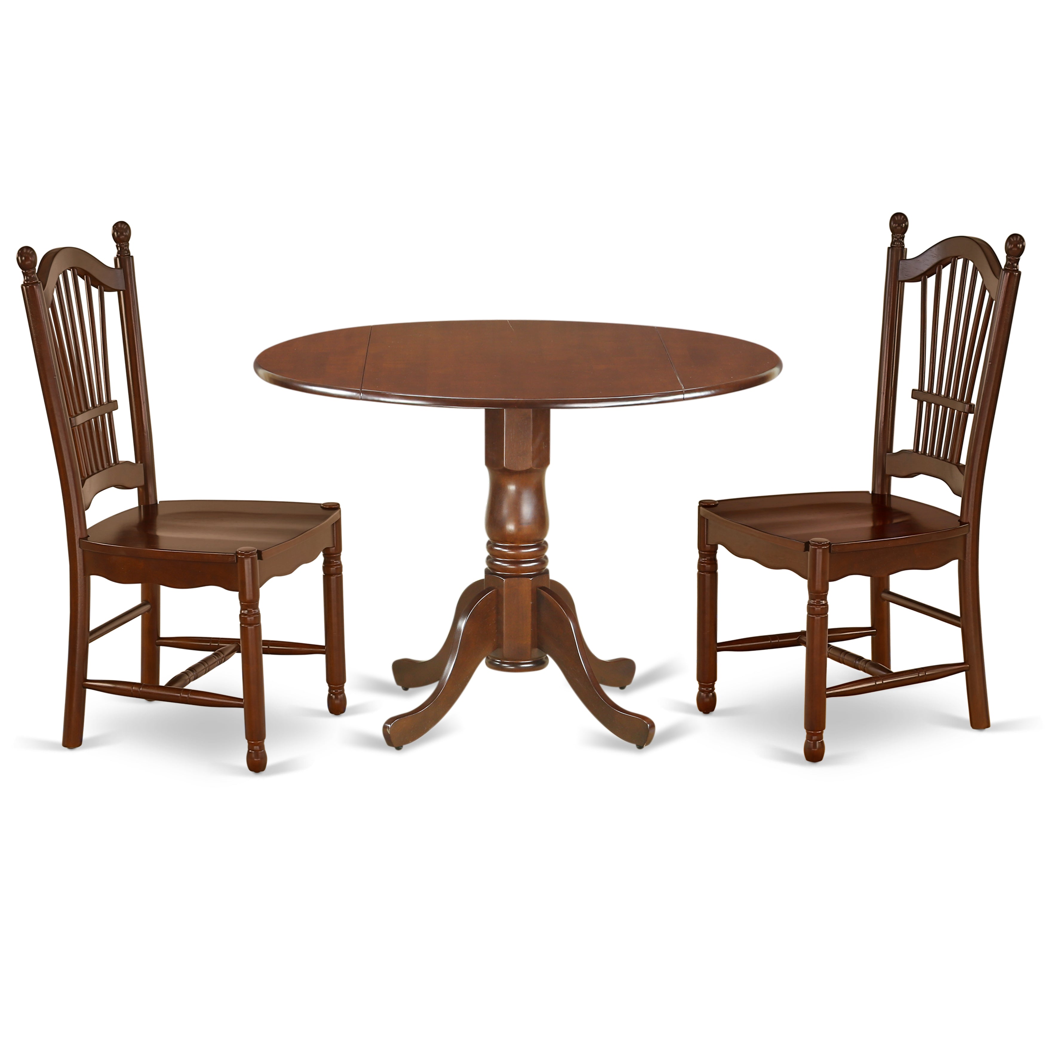 DLDO3-MAH-W 3Pc Rounded 42 Inch Family Table With Two 9-Inch Drop Leaves And Two Wood Seat Chairs