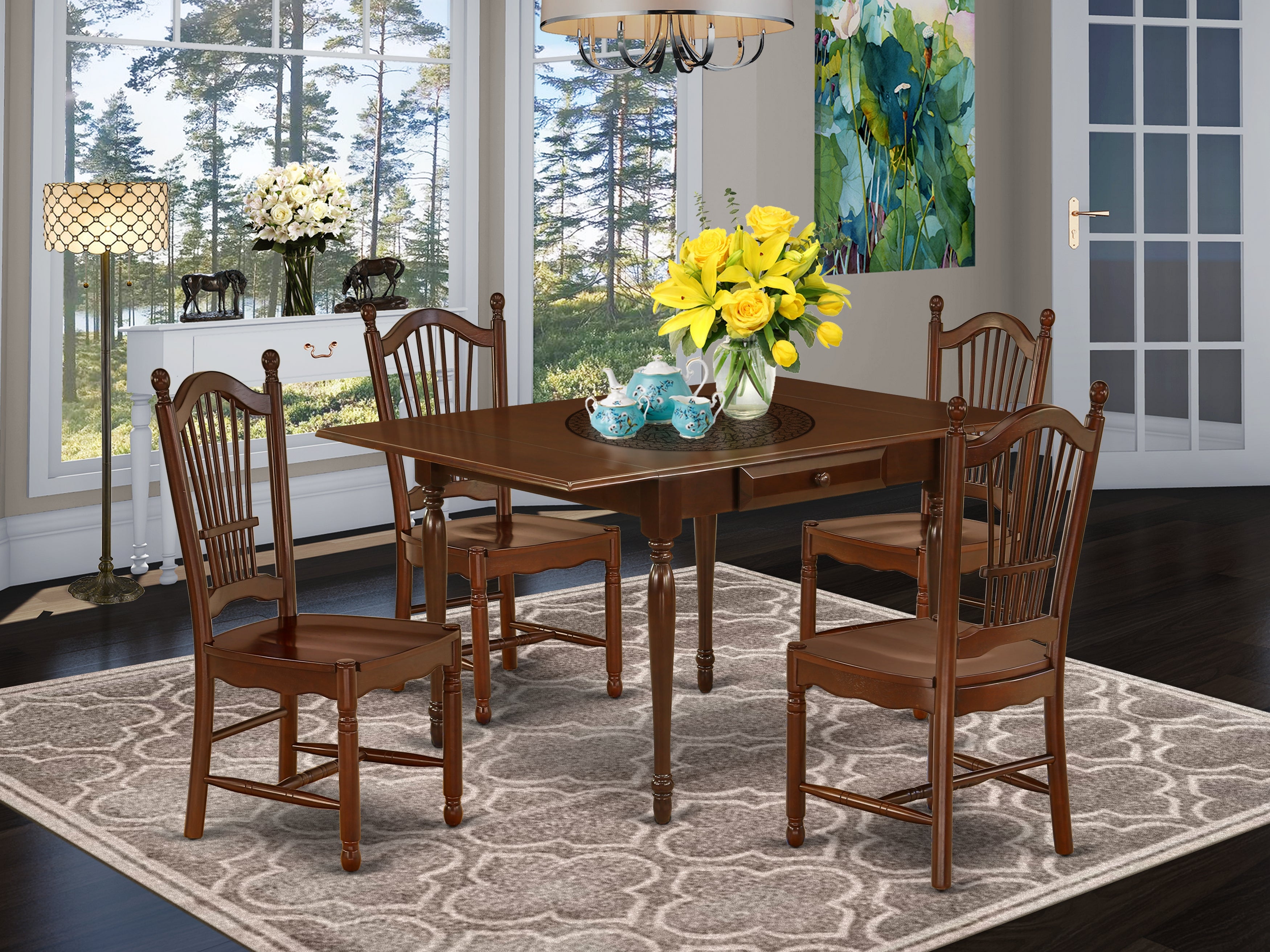 East West Furniture MZDO5-MAH-W 5Pc Modern Dining Table Set Offers a Dining Room Table and 4 Kitchen Chairs with Solid Wood Seat, Drop Leaf Table with Panel Back Chairs, Mahogany Finish