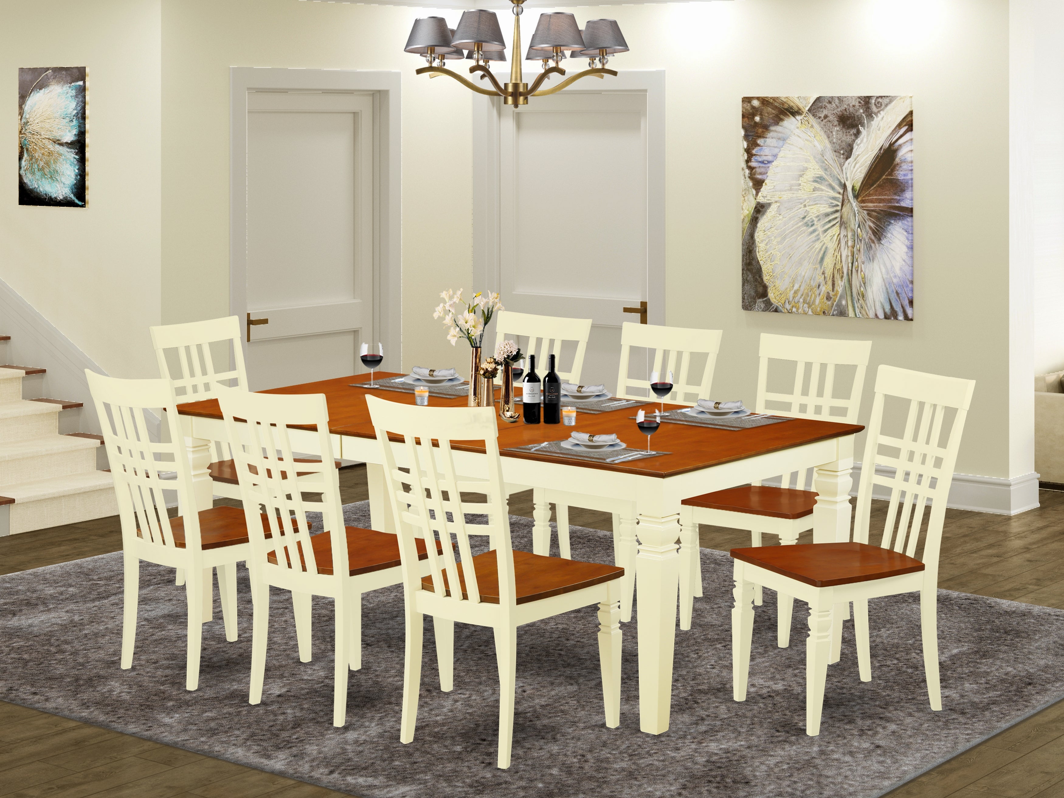 LGLG9-BMK-W 9 PcTable and chair set with a Dining Table and 8 Dining Chairs in Buttermilk and Cherry