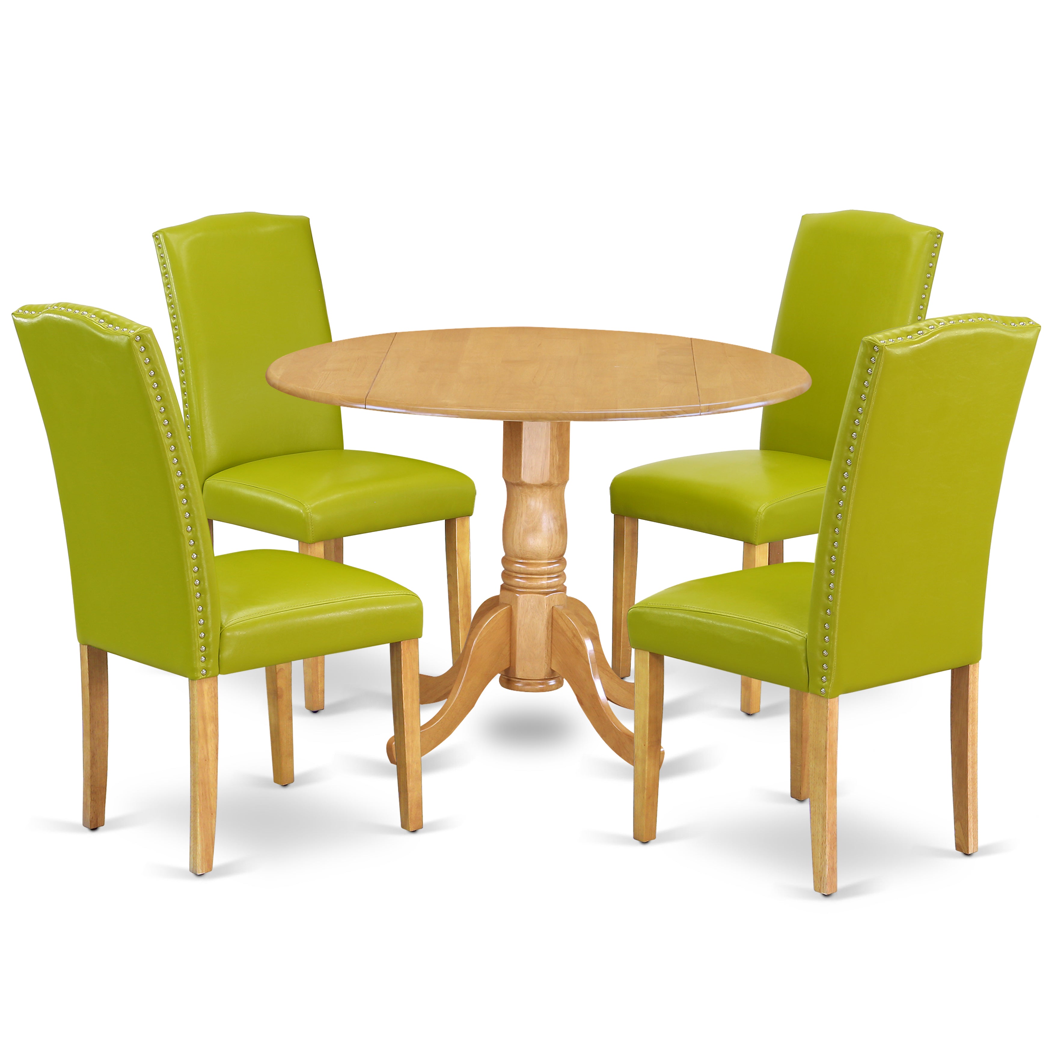 DLEN5-OAK-51 5Pc Round 42" Kitchen Table With Two 9-Inch Drop Leaves And Four Parson Chair With Oak Leg And Pu Leather Color Autumn Green