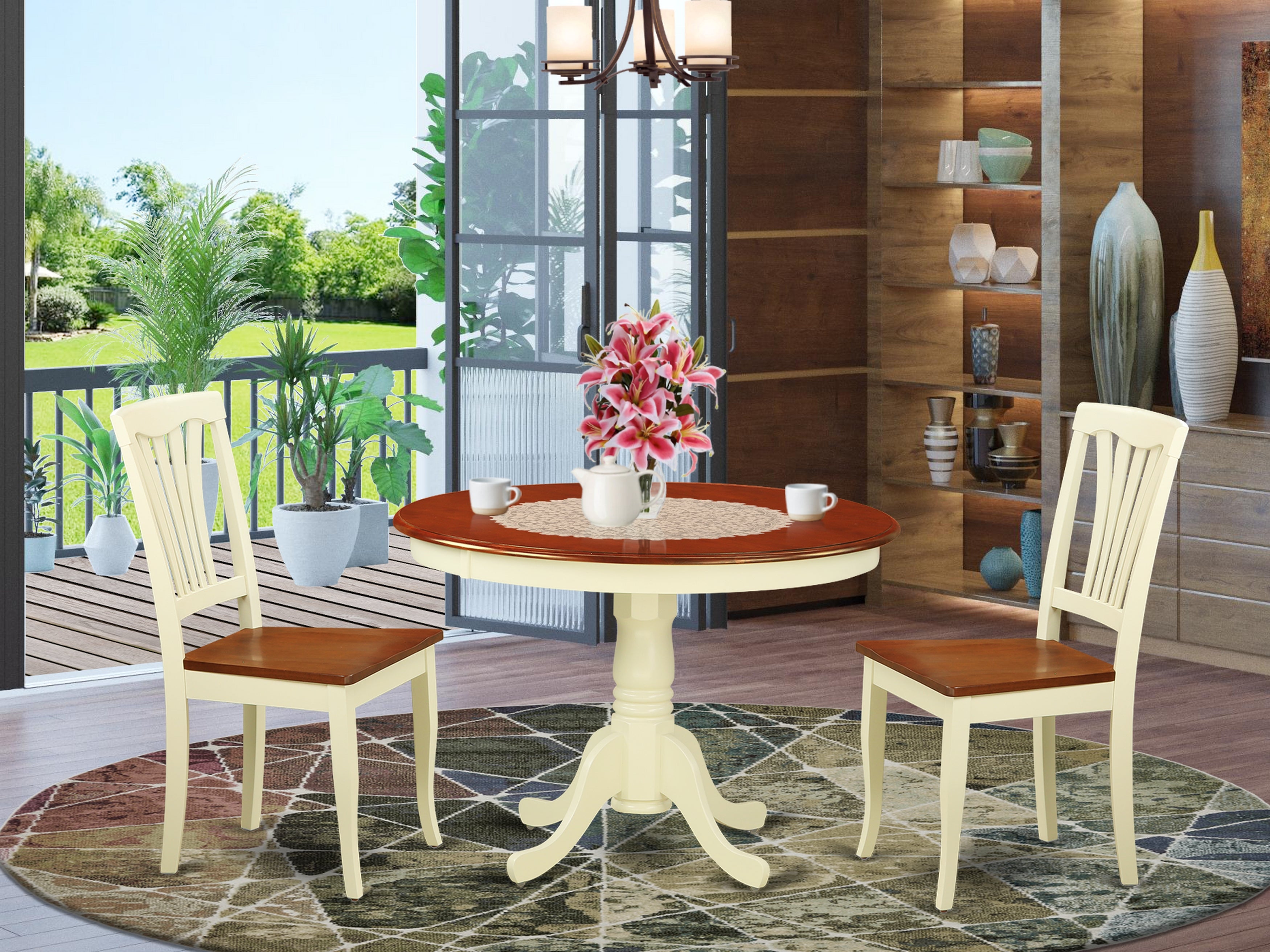 HLAV3-BMK-W 3 Pc set with a Round Small Table and 2 Wood Dinette Chairs in Buttermilk and Cherry .