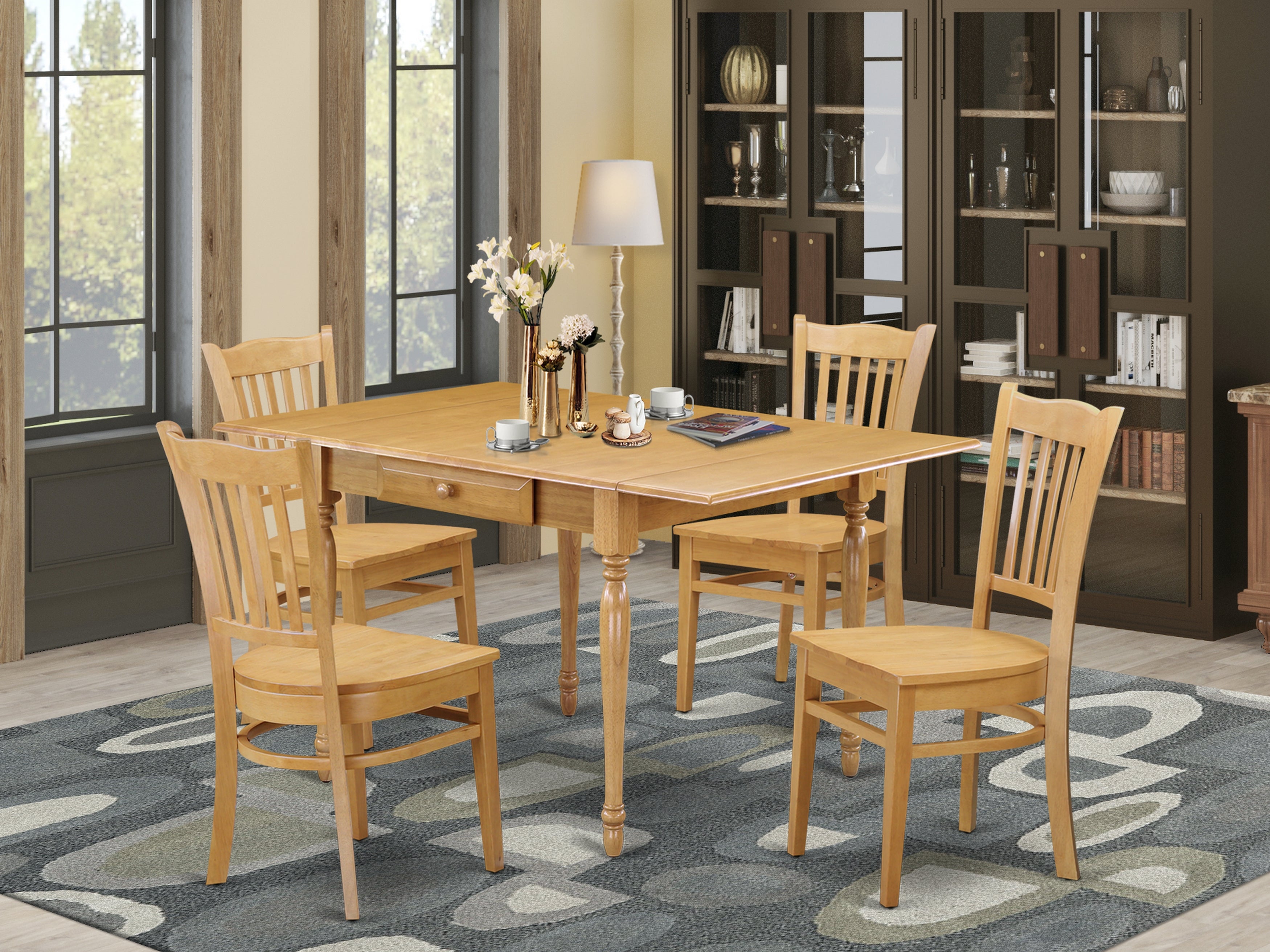 East West Furniture MZGR5-OAK-W 5 Pieces Dining Kitchen Table set - Robust Drop Leaf Real Wood Modern Dining Table and 4 Hardwood Seat Kitchen Dining Chairs, Oak Finish