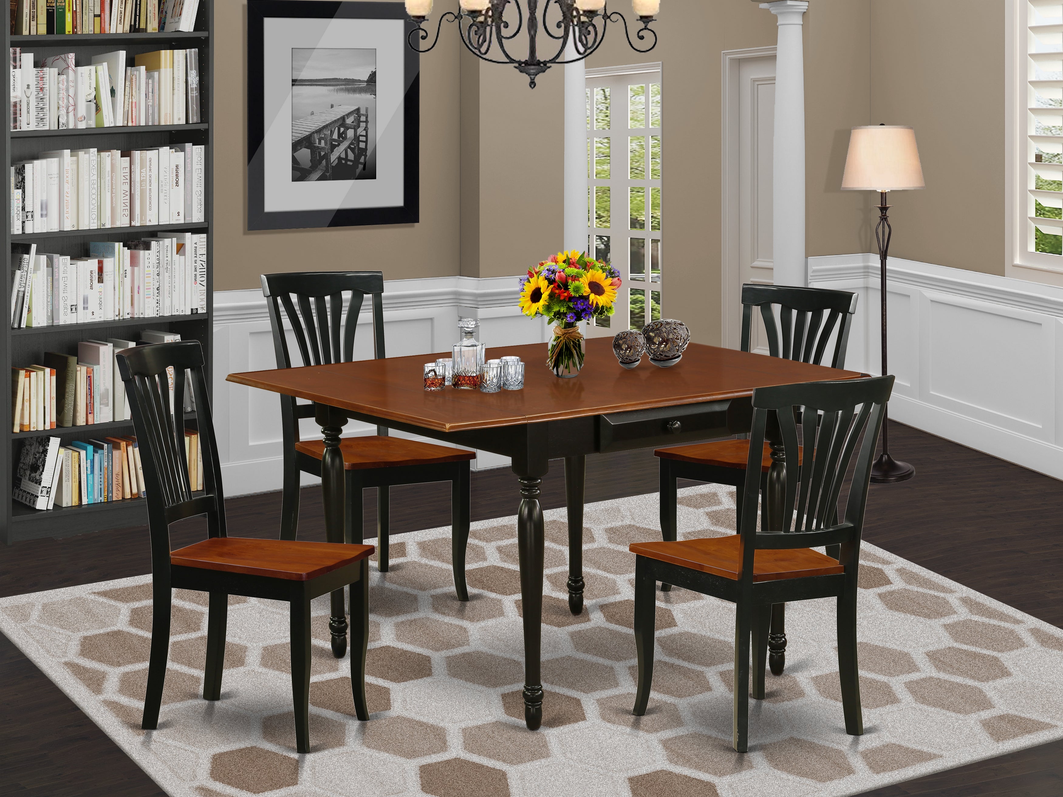 East West Furniture MZAV5-BCH-W 5Pc Kitchen Table Set Includes a Dining Room Table and 4 Wooden Dining Chairs with Wooden Seat, Drop Leaf Table with Slat Back Chairs, Black and Cherry Finish
