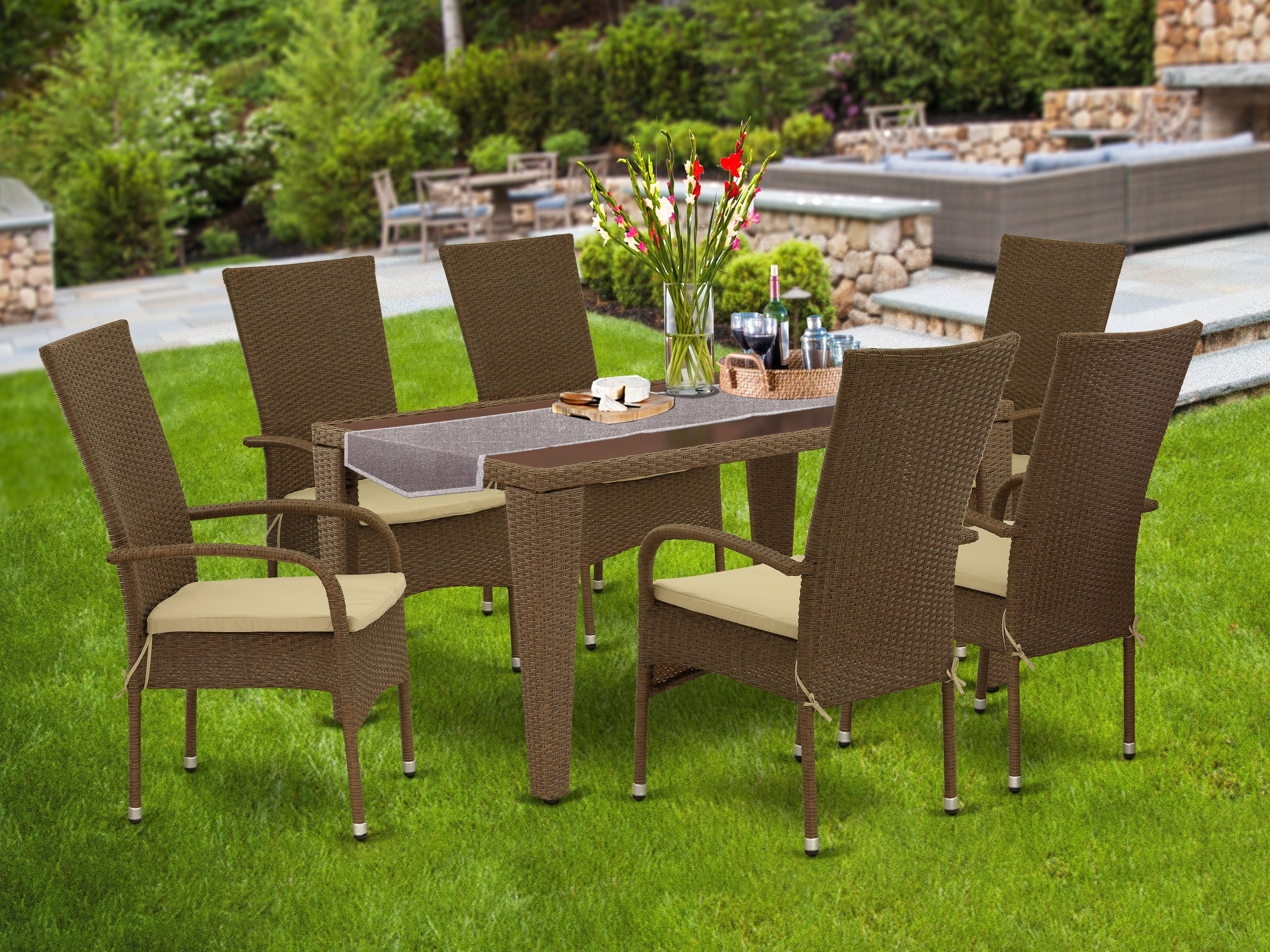 GUOS7-02A 7Pc Outdoor-Furniture Brown Wicker Dining Set Includes a Patio Table and 6 Balcony Backyard Armchair with Linen Fabric Cushion