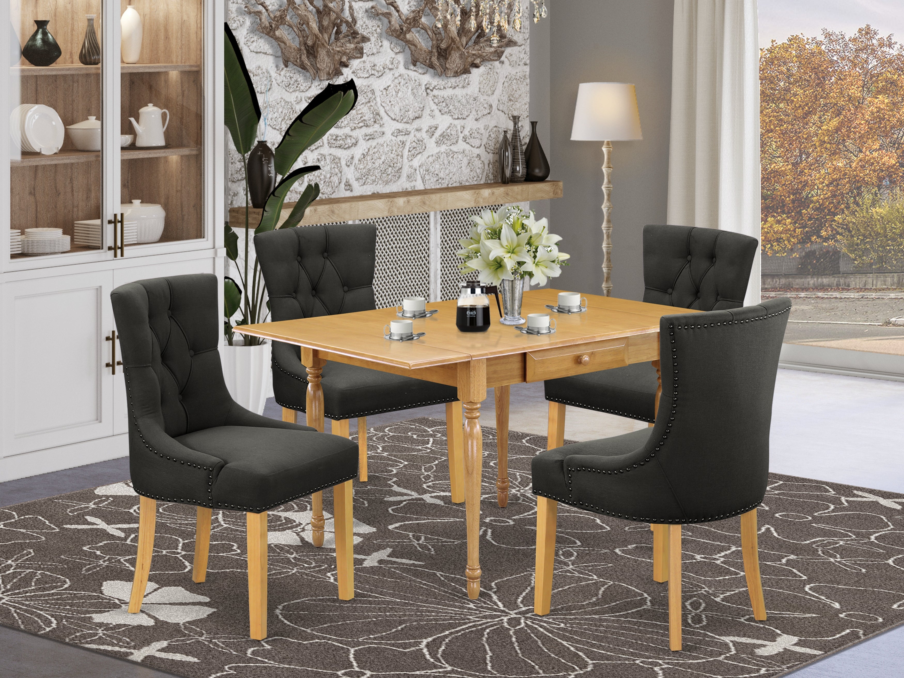 East West Furniture MZFR5-OAK-20 5Pc Wood Dining Table Set Contains a Dinette Table and 4 Parson Chairs with Dark Gotham Grey Color Linen Fabric, Drop Leaf Table with Full Back Chairs, Oak Finish