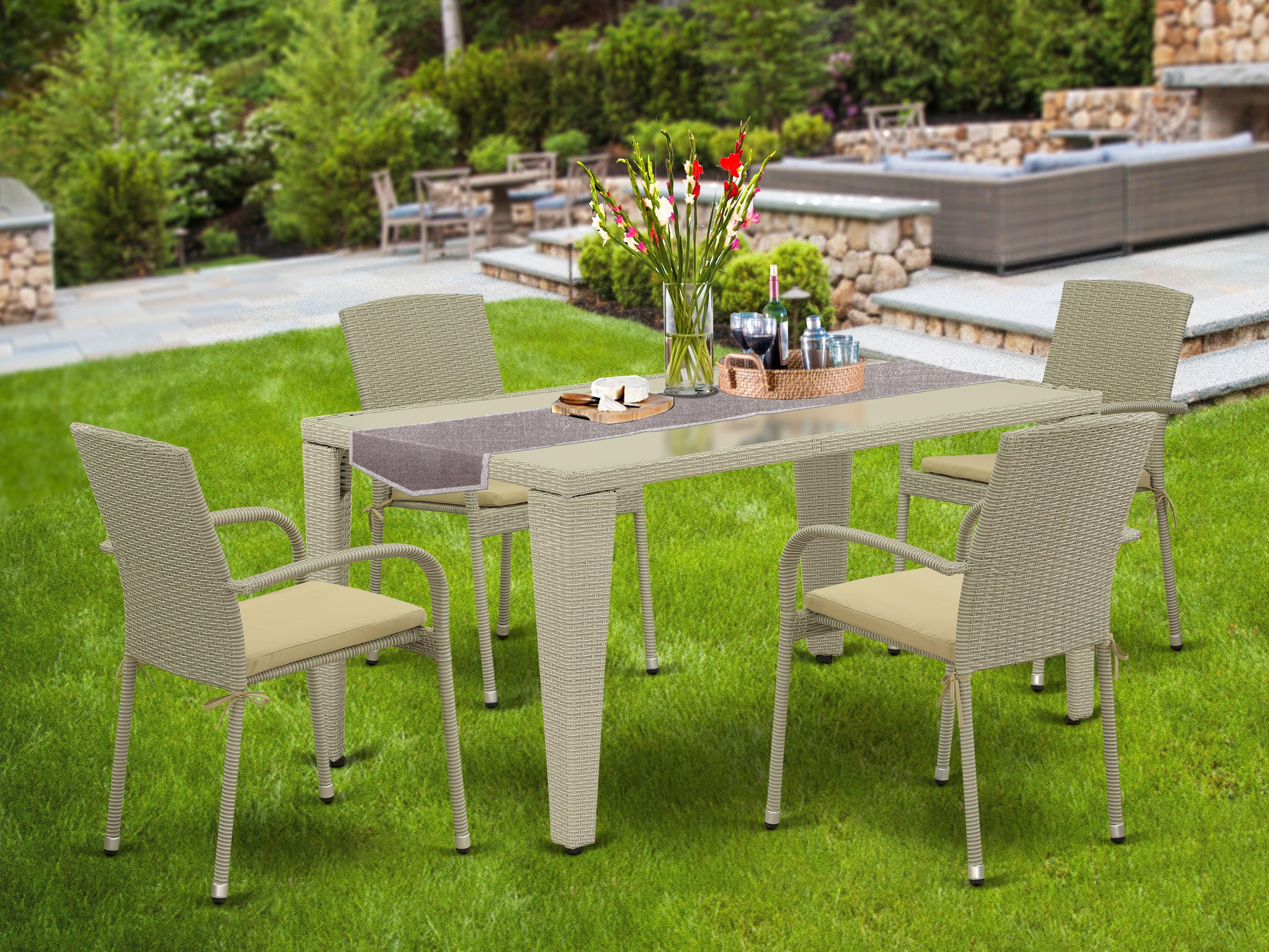 GUJU5-03A 5Pc Outdoor-Furniture Natural Color Wicker Dining Set Includes a Patio Table and 4 Balcony Backyard Armchair with Linen Fabric Cushion