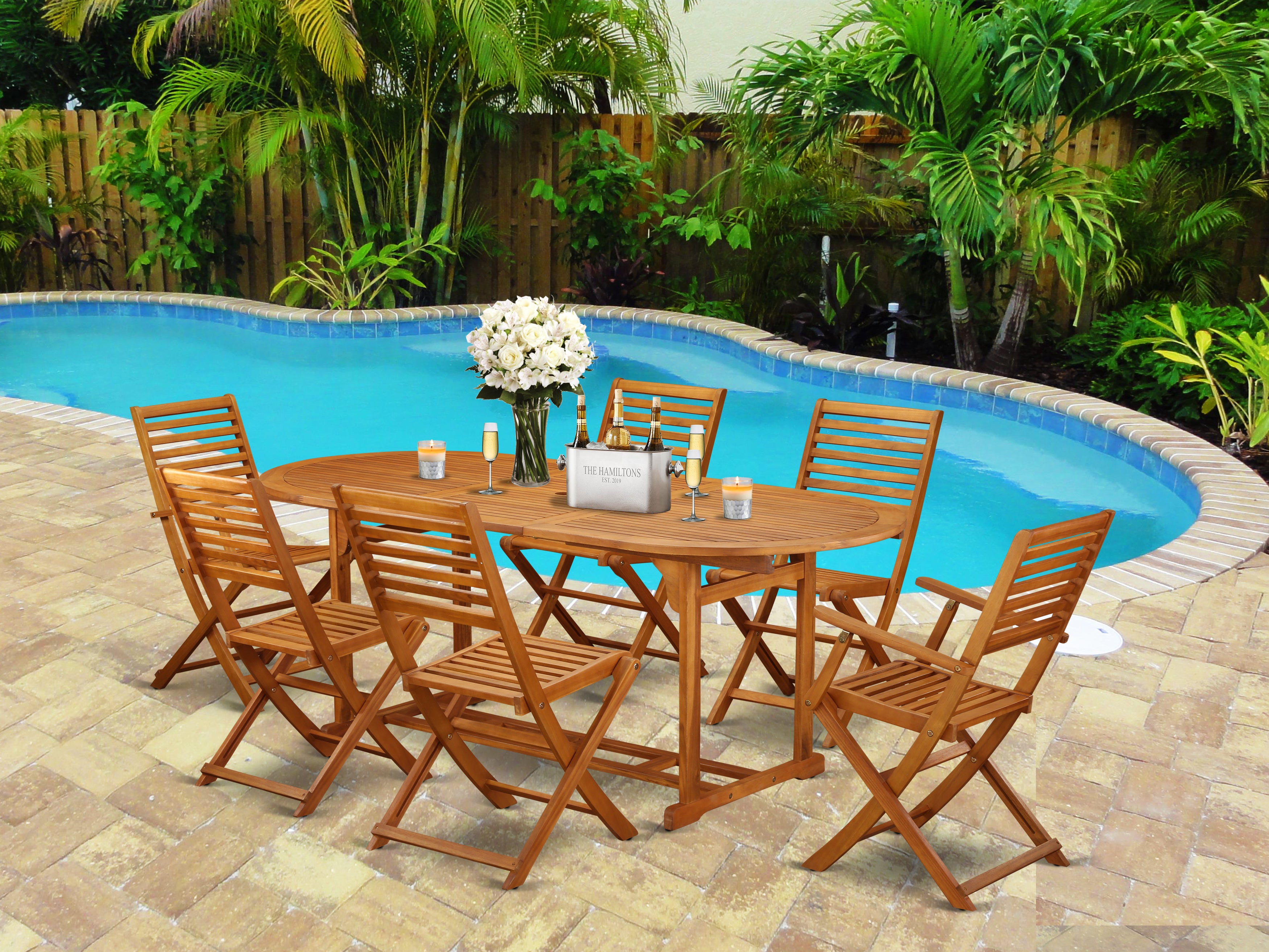 BSBS72CANA This 7 Piece Acacia Solid wood Balcony Dining Sets includes an Outdoor-Furniture table and four side patio dining chairs and 2 arm foldable Outdoor-Furniture chairs