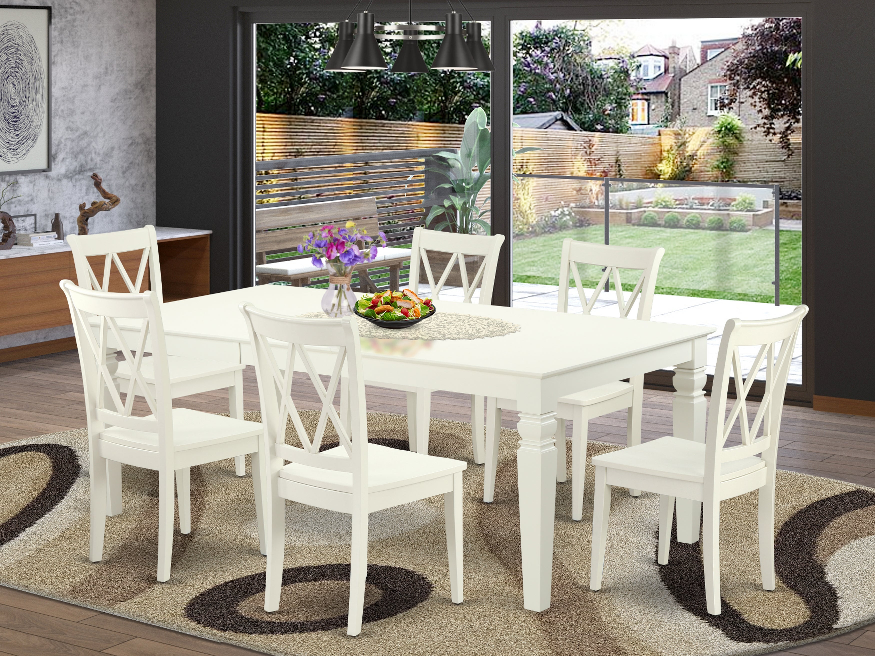 LGCL7-LWH-W 7PC Rectangular 66/84 inch Table with 18 In Leaf and 6 Double X back Chairs
