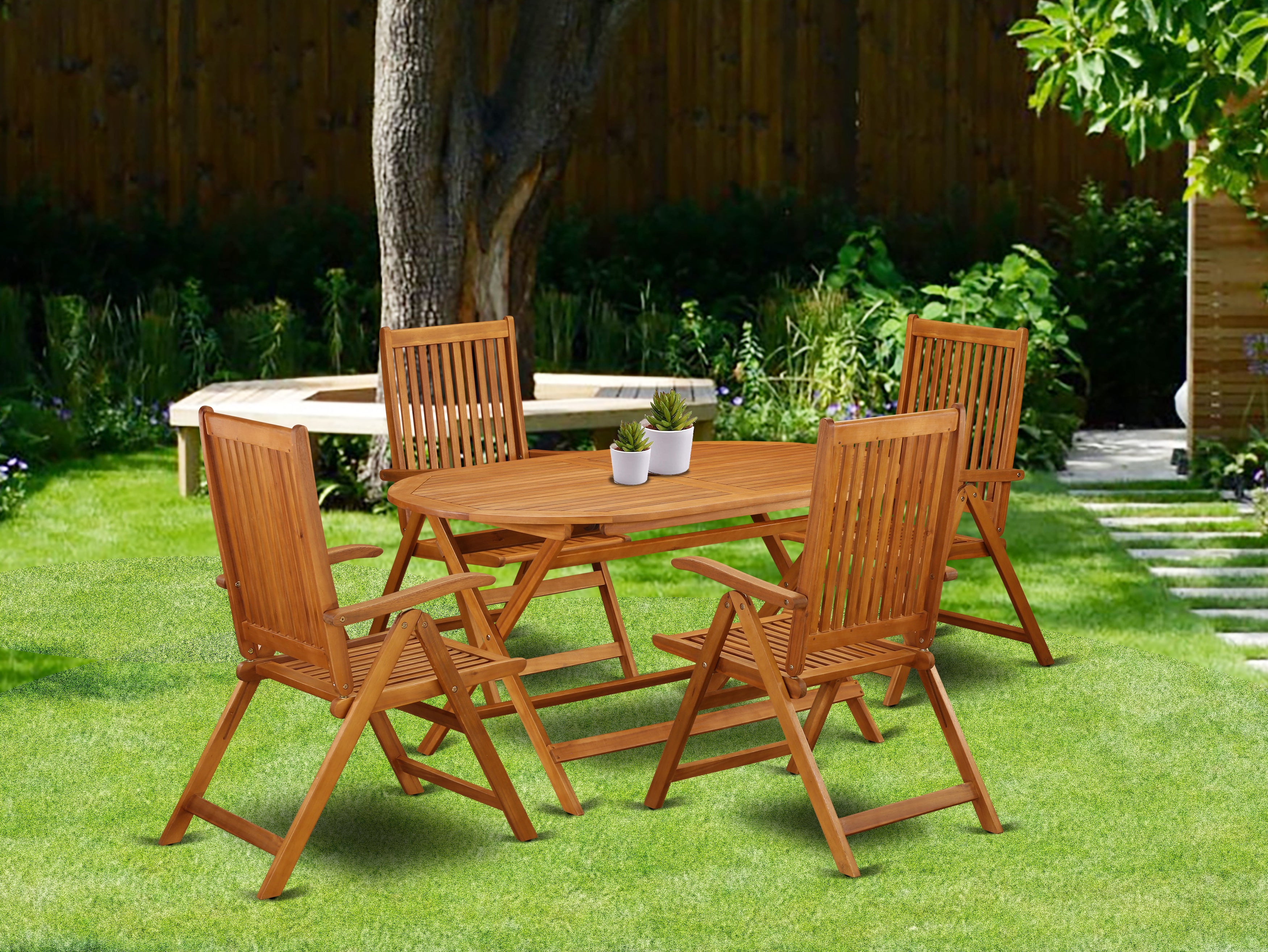 DICN5NC5N This 5 Piece Acacia Patio Dining Sets includes an Outdoor-Furniture table and 4 foldable Outdoor-Furniture chairs