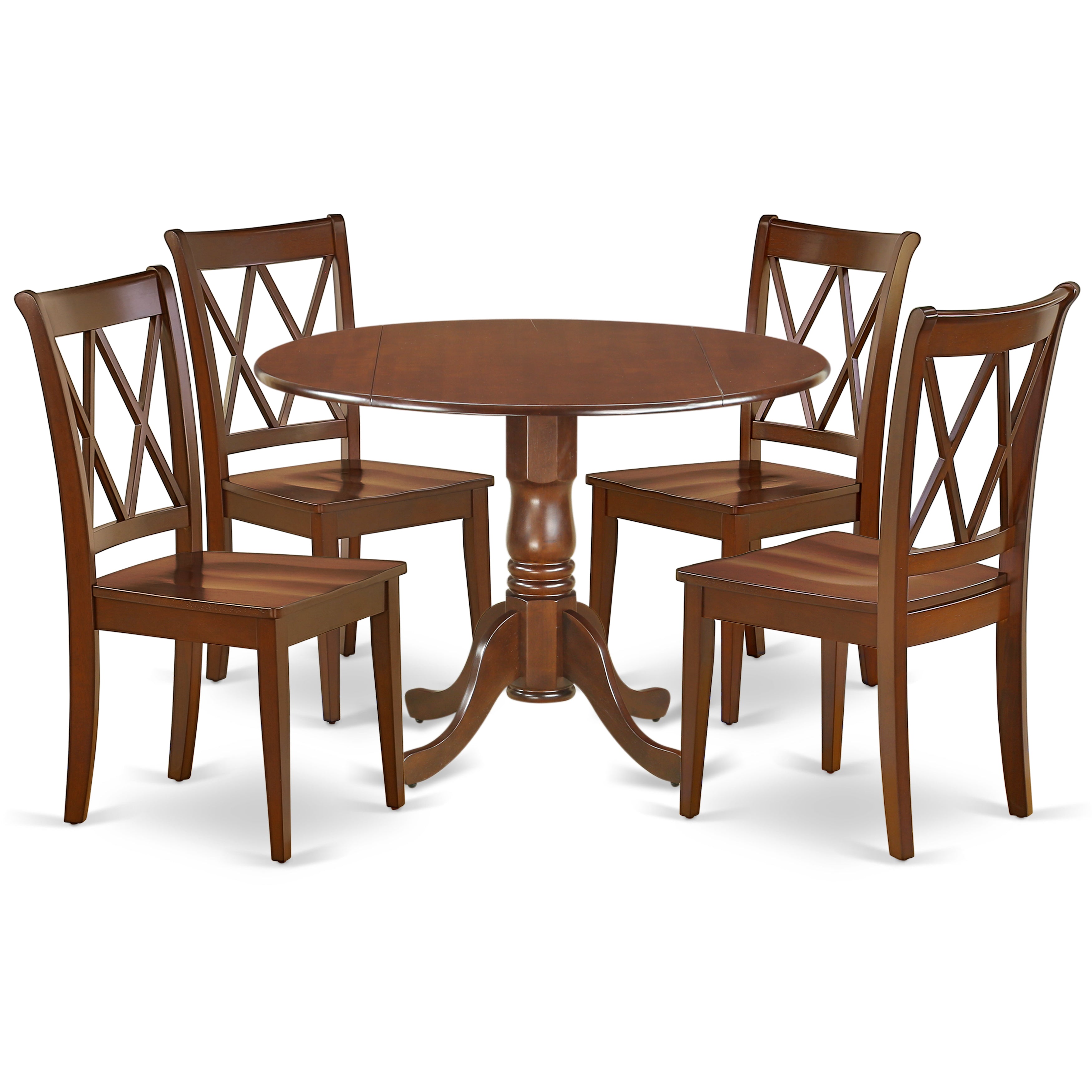 DLCL5-MAH-W 5PC Round 42 inch Table with Two 9-Inch Drop Leaves and 4 Double X back Chairs