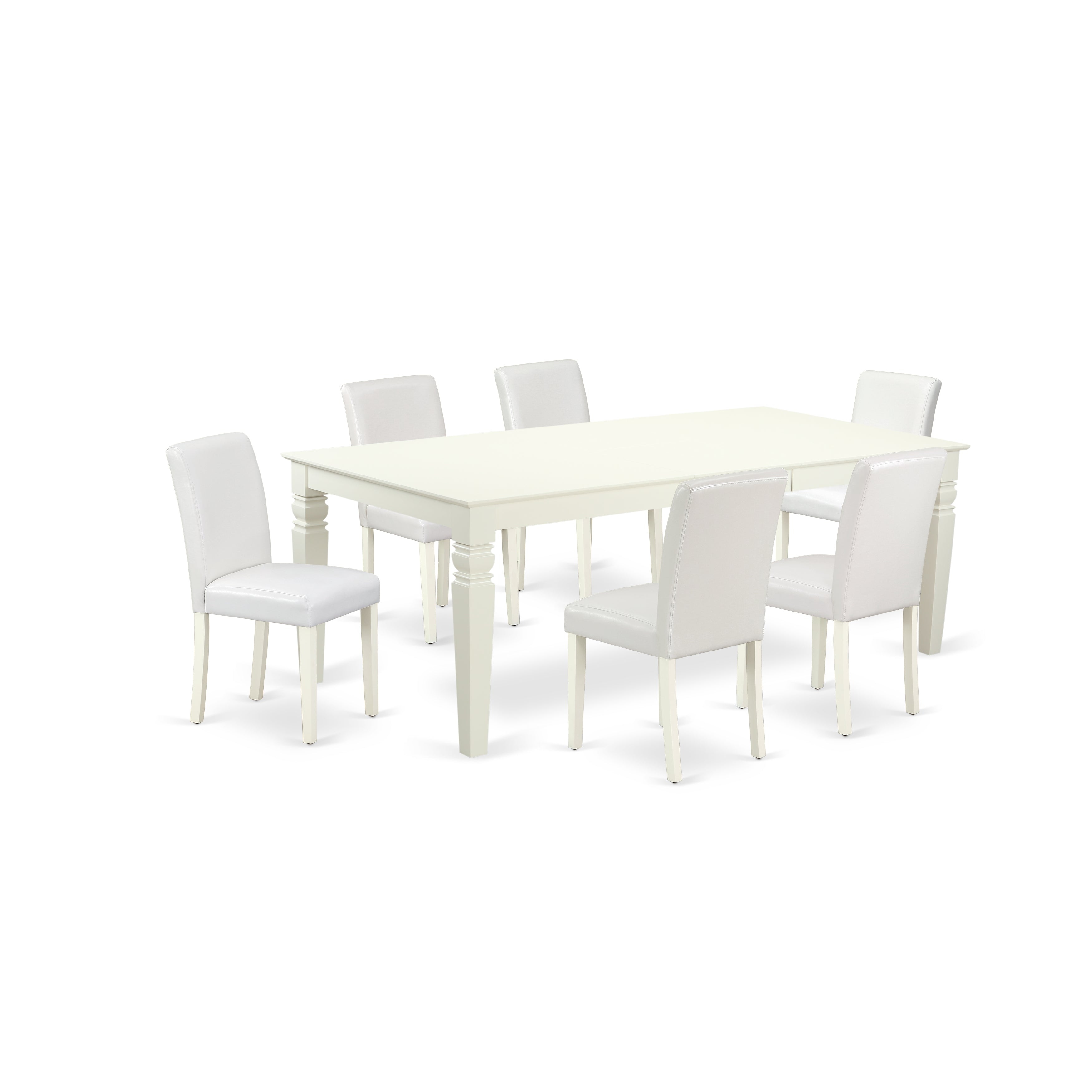 LGAB7-LWH-64 7Pc Rectangle 66/84" Kitchen Table With 18 In Self Storing Butterfly Leaf And Six Parson Chair With Linen White Leg And Pu Leather Color White