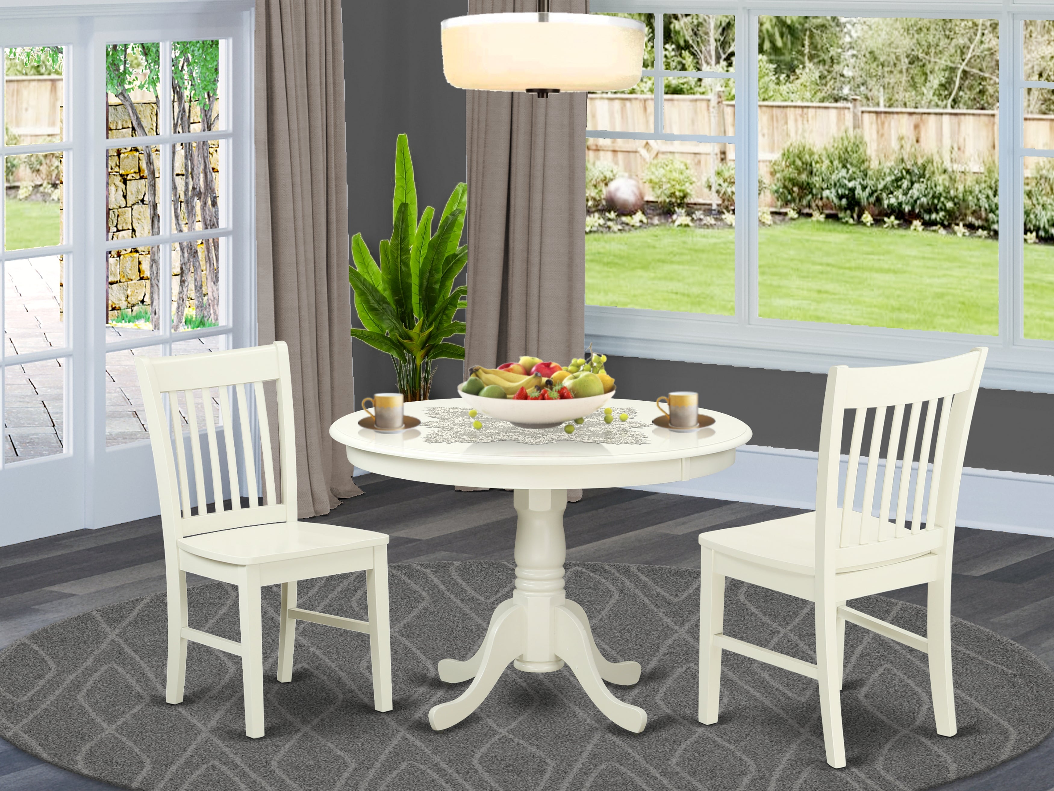 HLNO3-LWH-W 3 Piece Hartland Set With One Round 42in Dinette Table And Two Dinette Chairs With Wood Seat In A warm Linen White Finish.