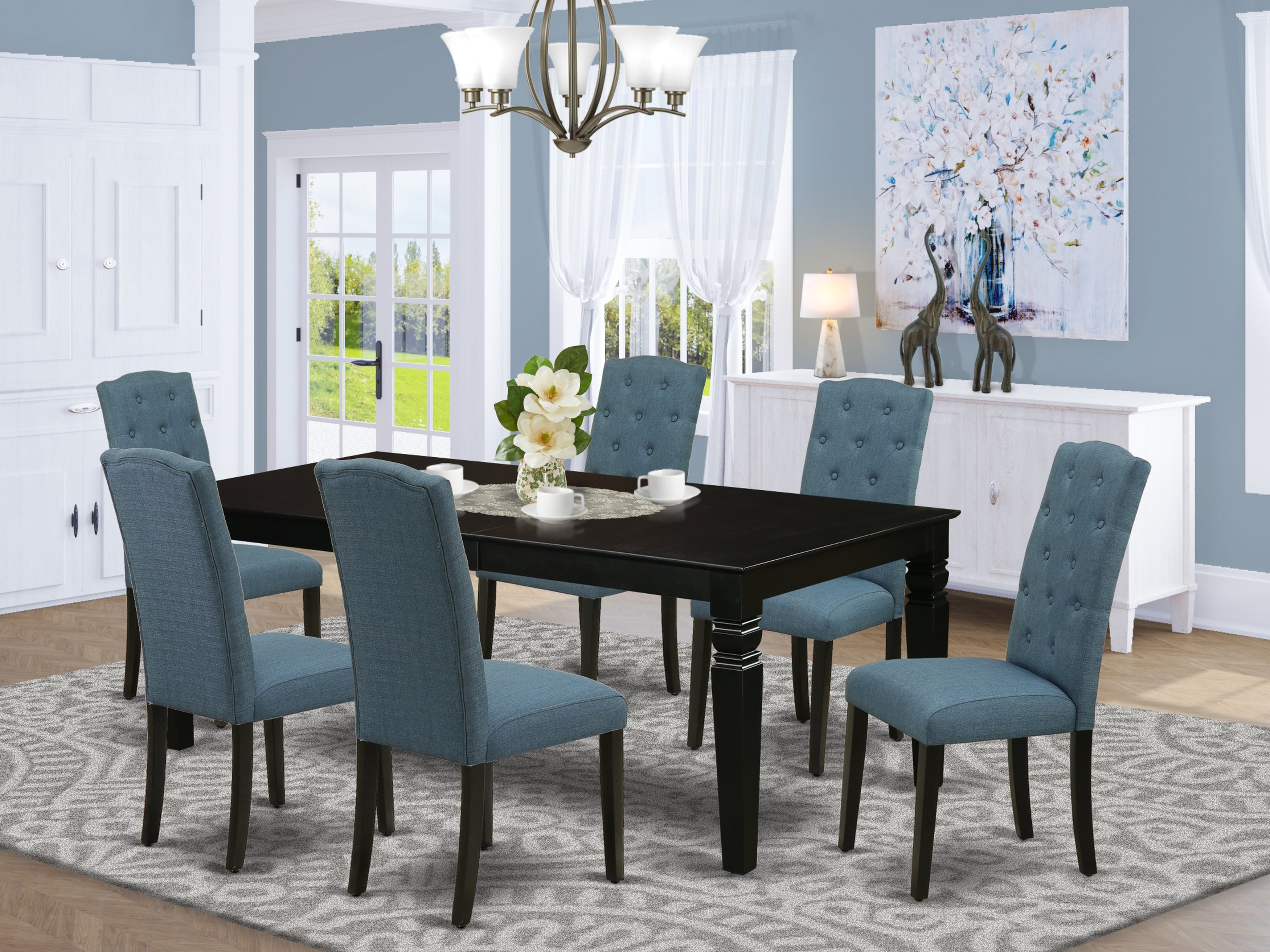 LGCE7-BLK-21 7Pc Dinette Set Includes a Rectangular Kitchen Table with Butterfly Leaf and Six Parson Chairs with Blue Fabric, Black Finish