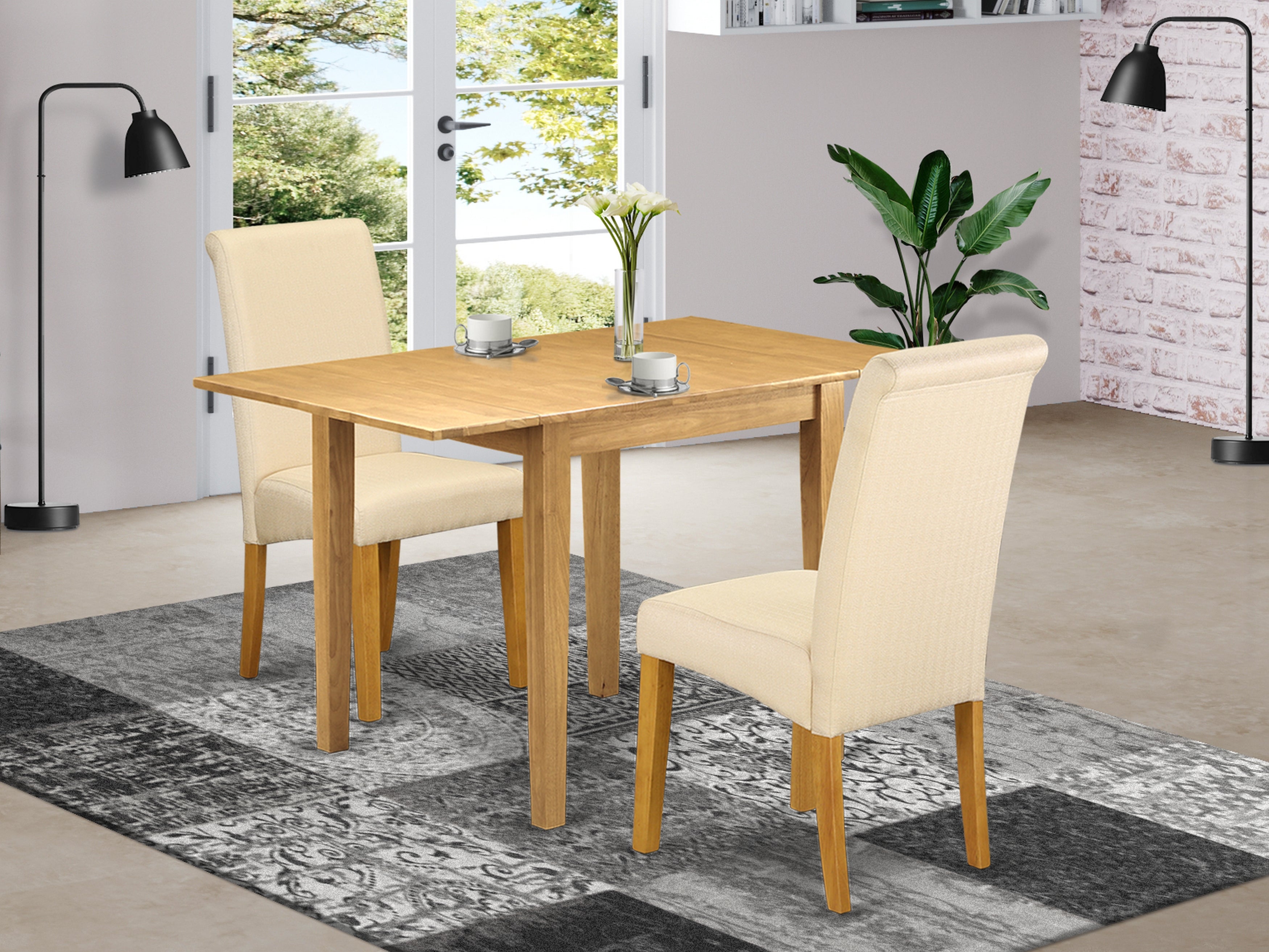 East West Furniture NDBA3-OAK-02 Dining Set 3 Pc - 2 Dining Room Chairs and a Breakfast Table - Oak Finish Wood - Light Baige Color Linen Fabric