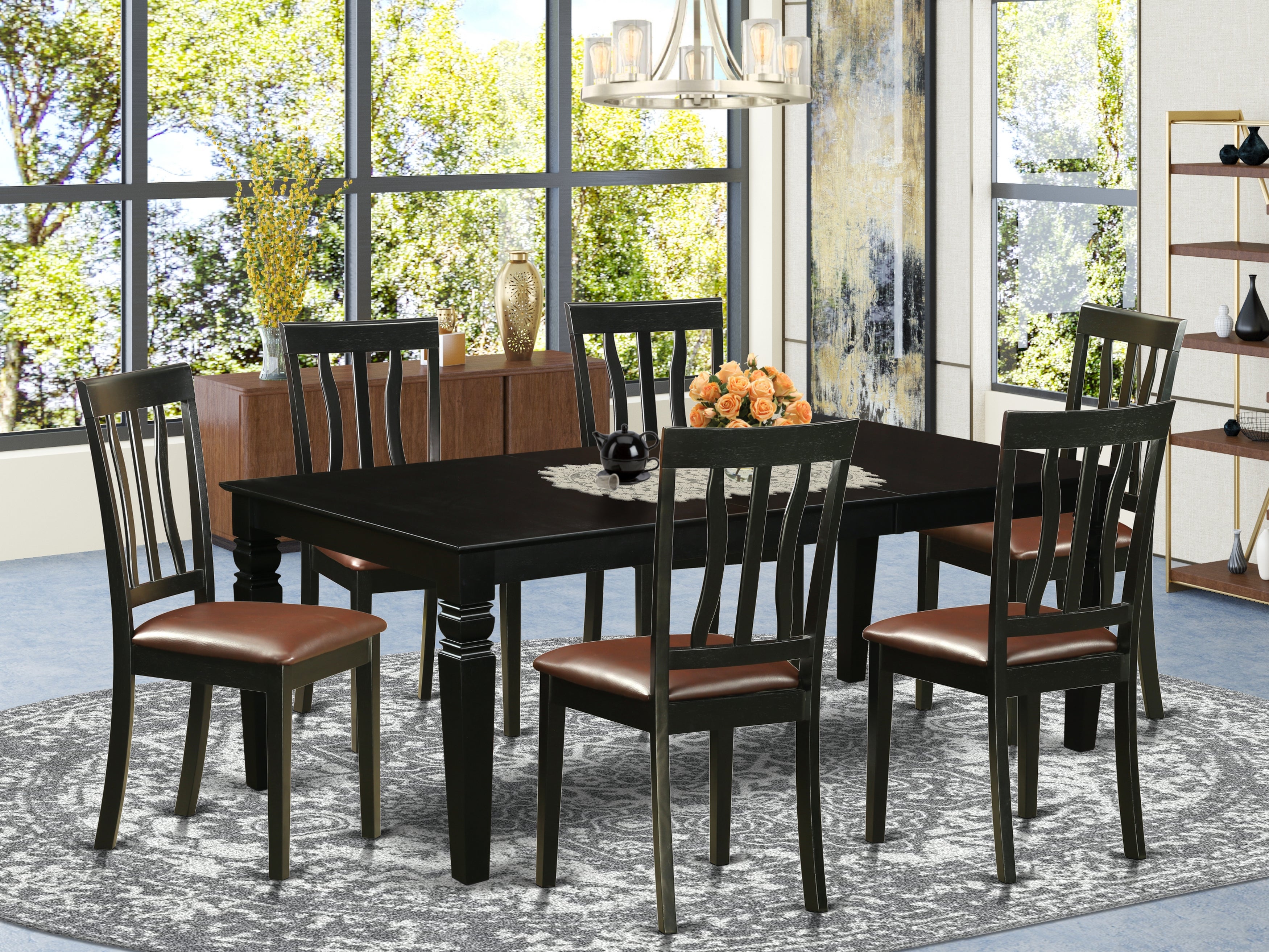 LGAN7-BLK-LC 7 Pc Dining set with a Dining Table and 6 Leather Dining Chairs in Black