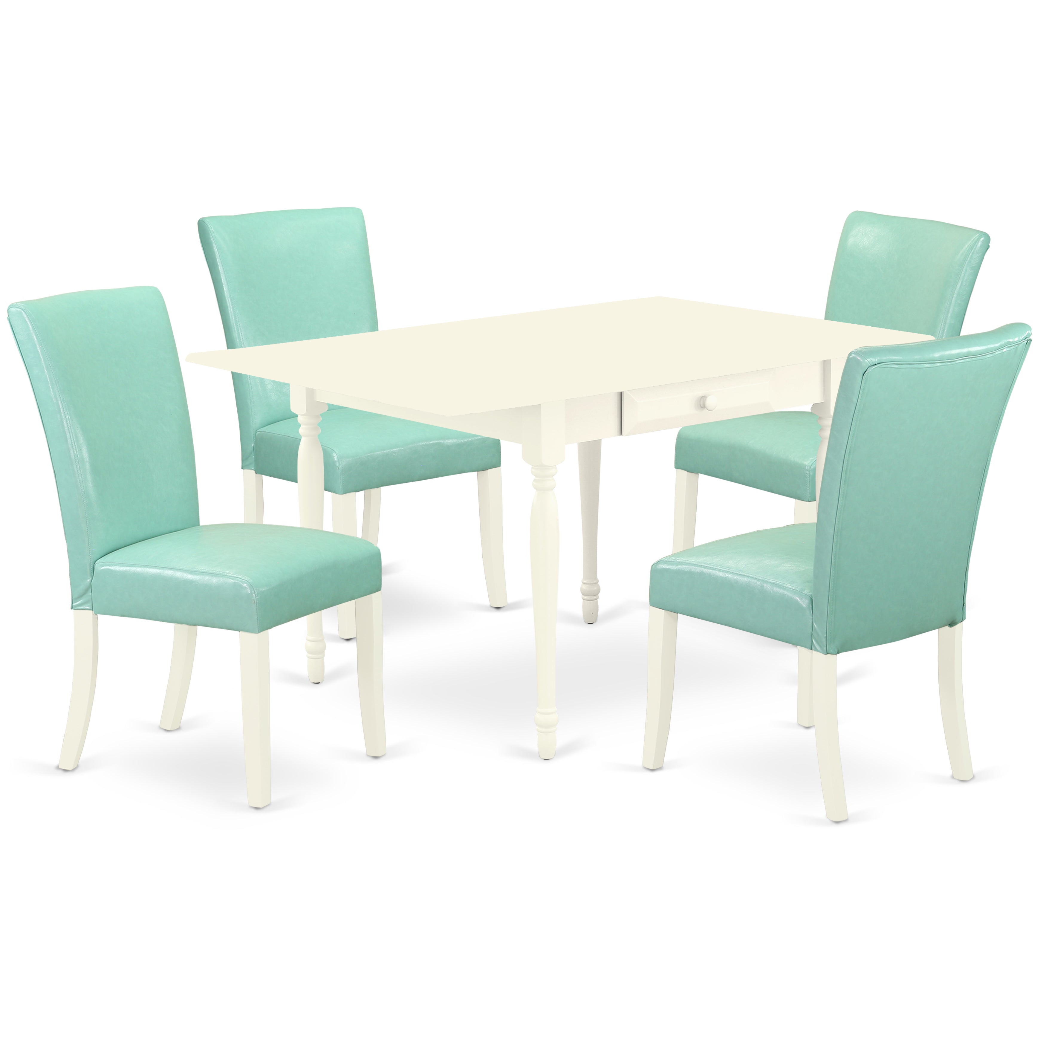 East West Furniture MZAL5-LWH-57 5Pc Modern Dining Table Set Contains a Small Table and 4 Parsons Dining Chairs with Pond Color PU Leather, Drop Leaf Table with Full Back Chairs, Linen White Finish