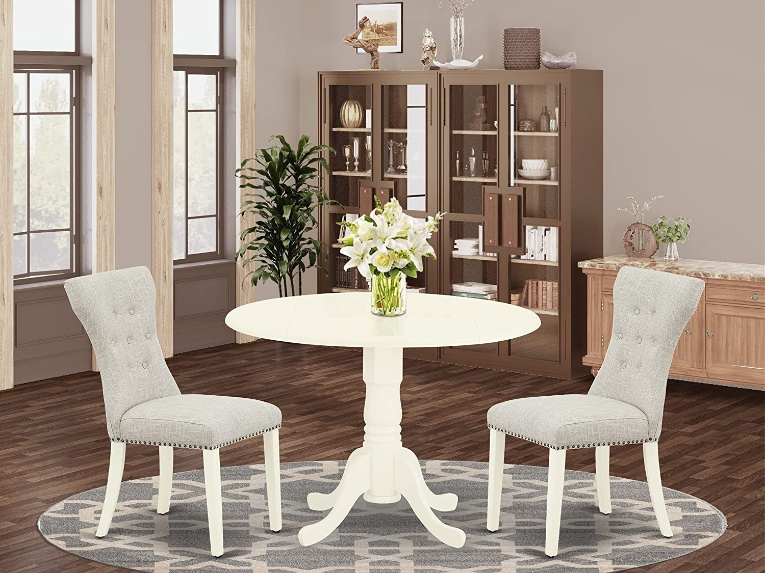 East West Furniture DLGA3-WHI-35 3-Pc Round Dinette Set Included a Wood Kitchen Table & 2 Dining Room Chairs, Doeskin Linen Fabric Dining Room Chairs Seat with Rubber Wood Legs, Linen White Finish