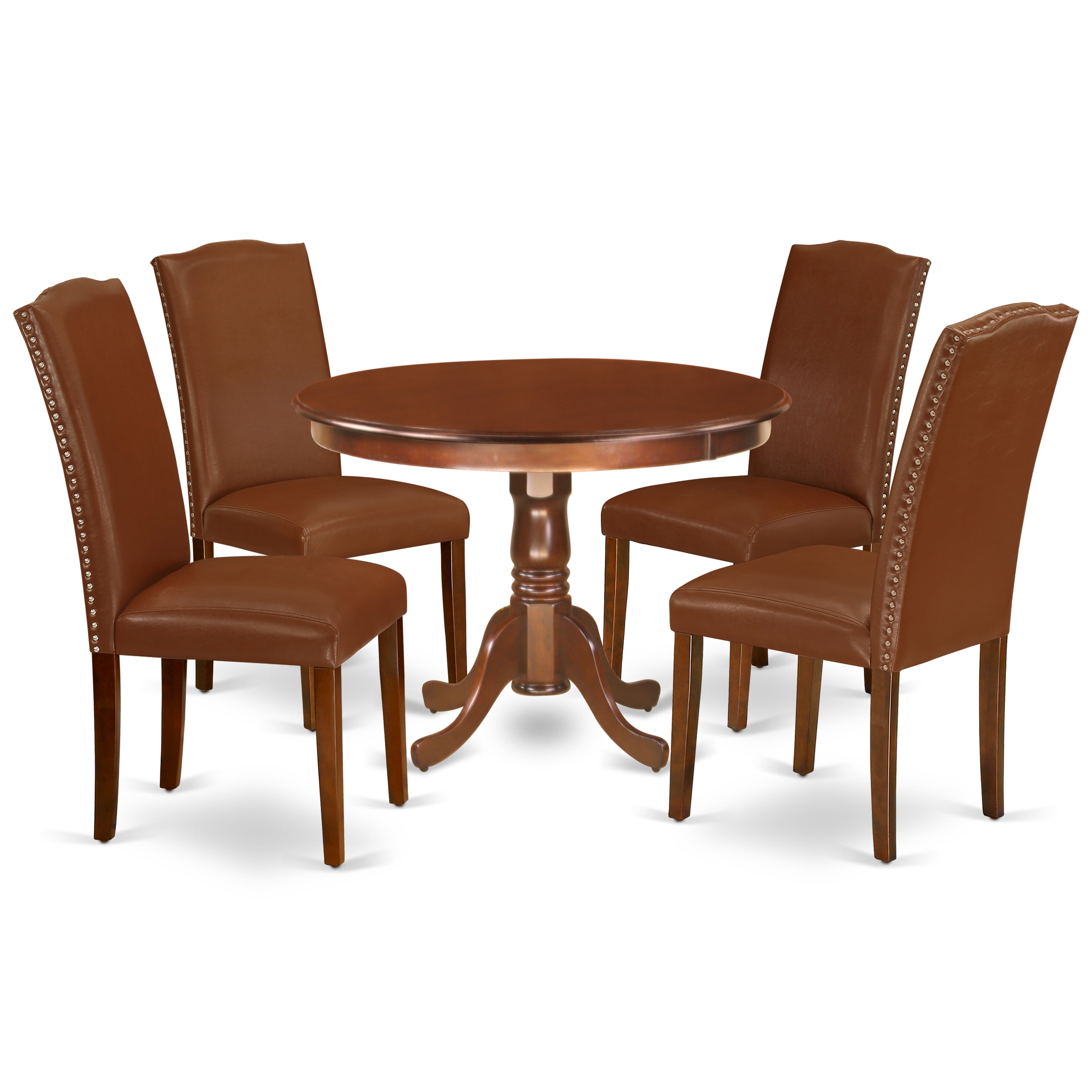 HLEN5-MAH-66 5Pc Round 42 Inch Dinette Table And Four Parson Chair With Mahogany Leg And Brown Flaux Leather