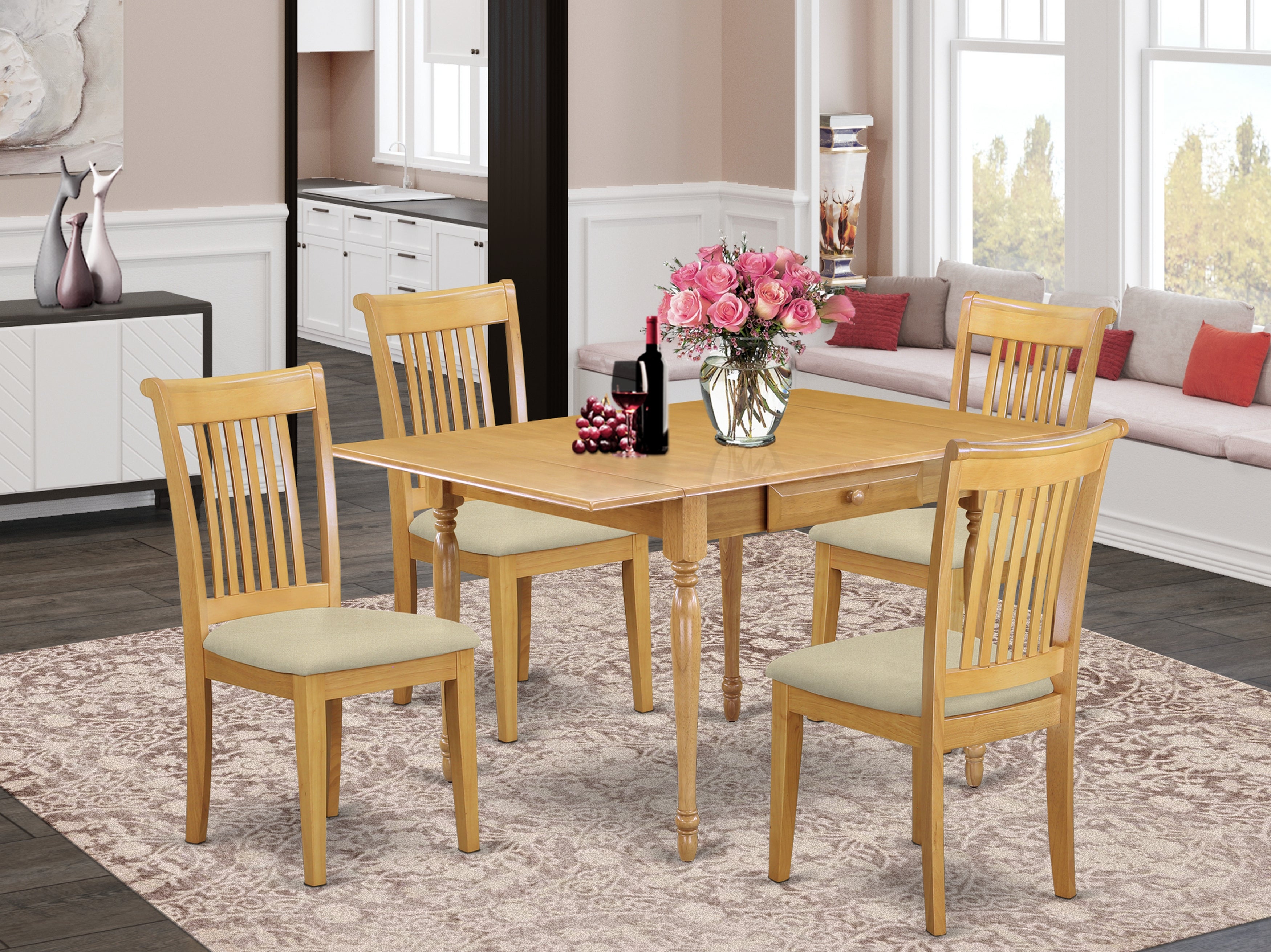 East West Furniture MZPO5-OAK-C 5 Pieces Dining Table set - Robust Two 9-Inch Drop Down Leaves Hardwood Wood Table and 4 Microfiber Upholstery Seat Dining Chairs, Oak Finish