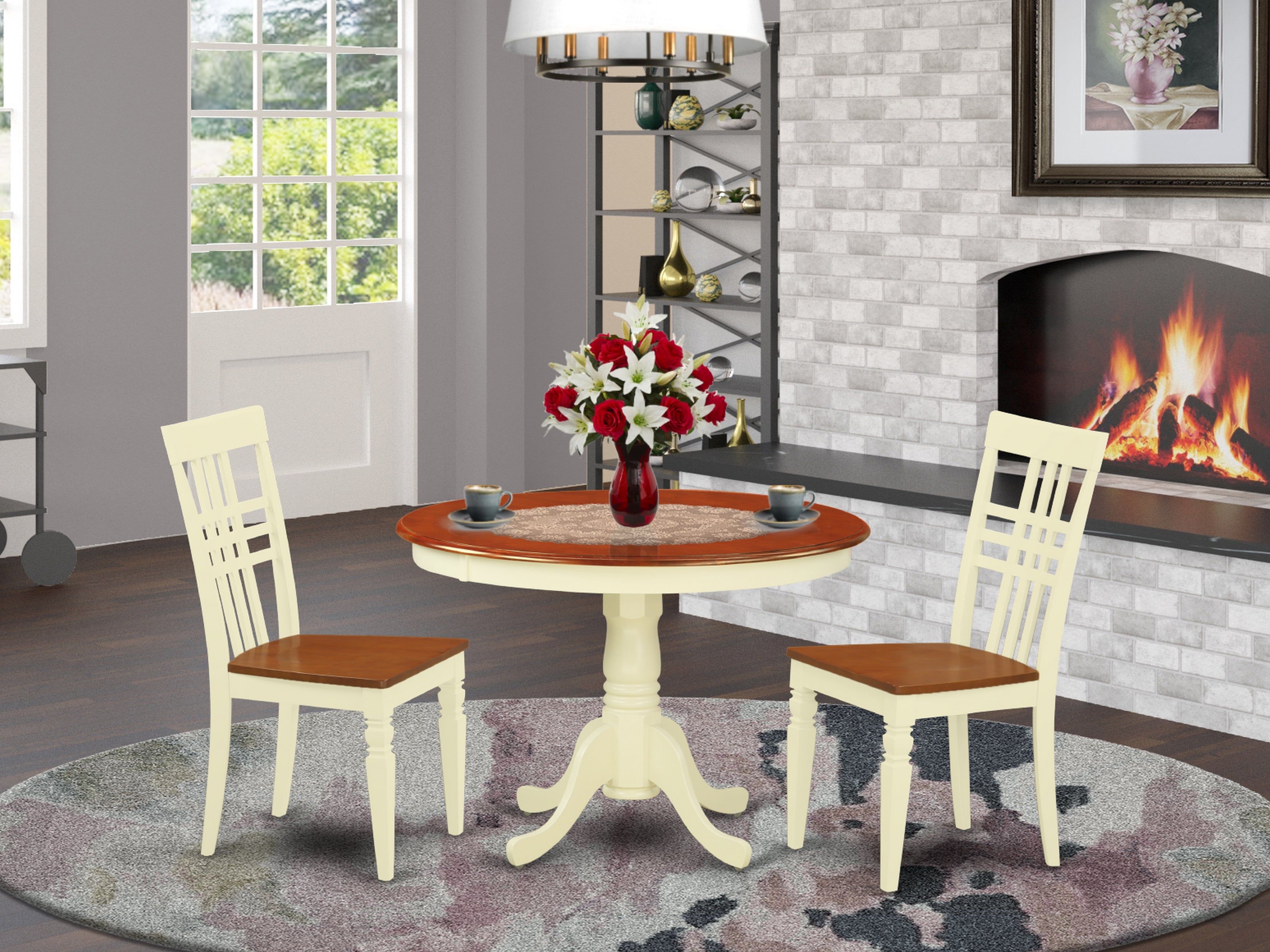 HLLG3-BMK-W 3 Pc set with a Round Dinette Table and 2 Wood Dinette Chairs in Buttermilk and Cherry .