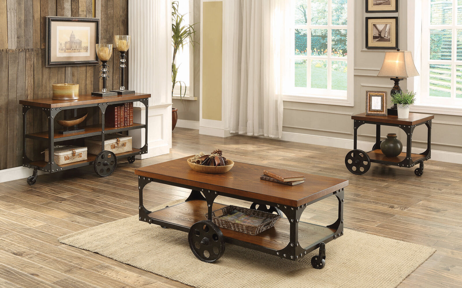 Industrial Style Rustic Solid Wood Sofa Table With Metal Accents & Wheels, Brown