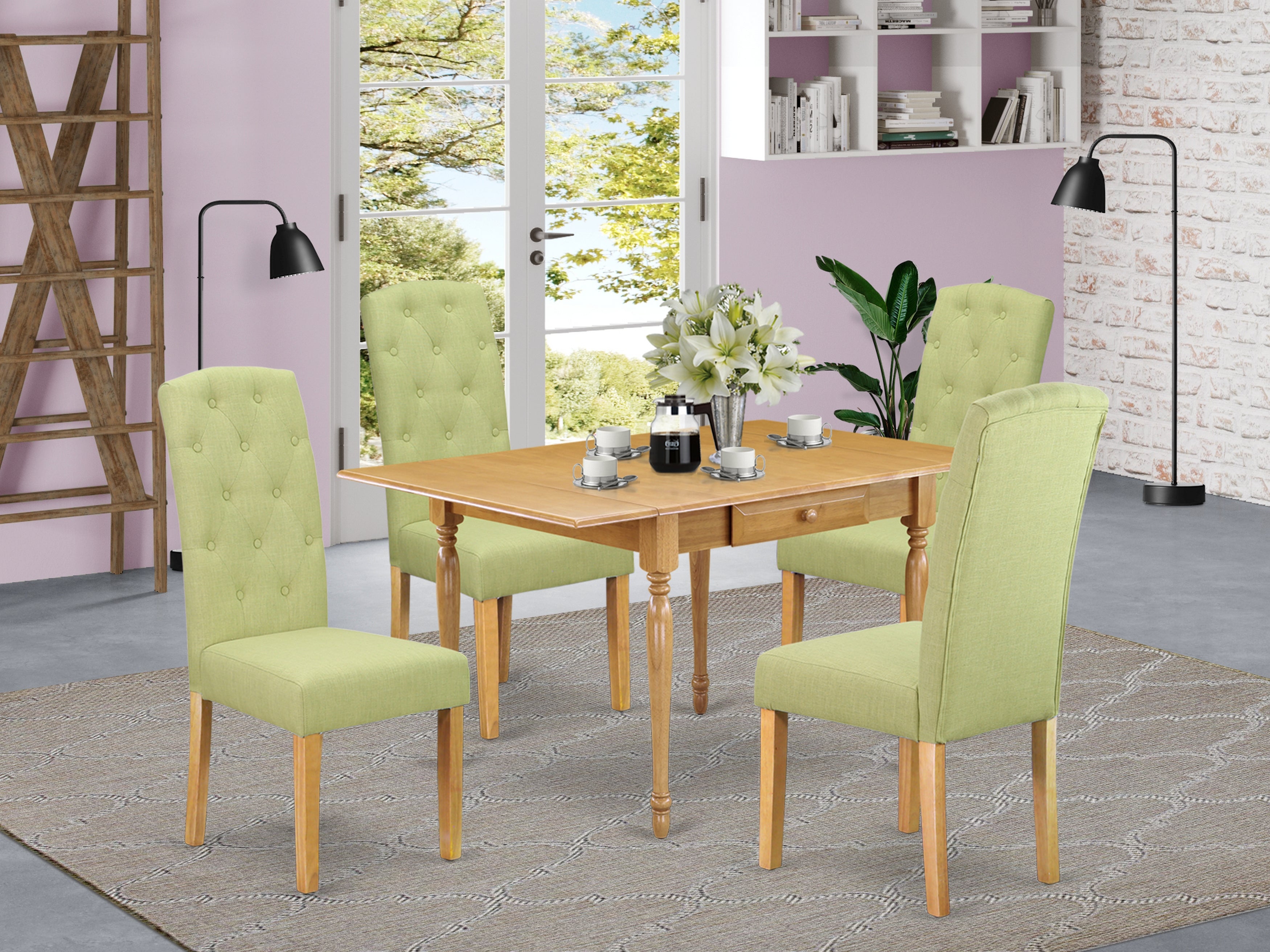 East West Furniture MZCE5-OAK-07 5Pc Kitchen Table Set Contains a Wood Dining Table and 4 Parsons Dining Room Chairs with Lime Green Color Linen Fabric, Drop Leaf Table with Full Back Chairs, Oak Finish