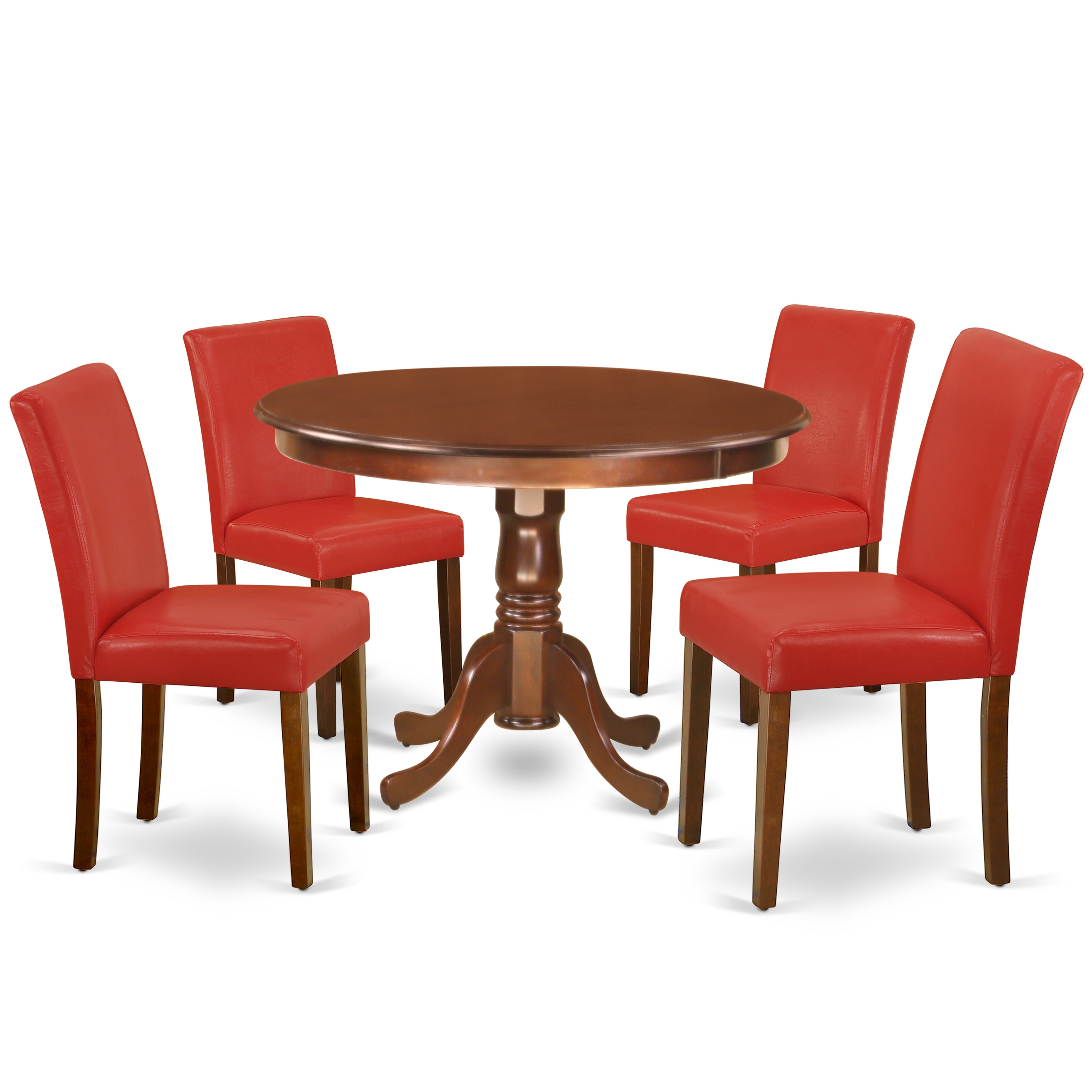 HLAB5-MAH-72 5Pc Round 42 Inch Dinette Table And Four Parson Chair With Mahogany Leg And Pu Leather Color Firebrick Red