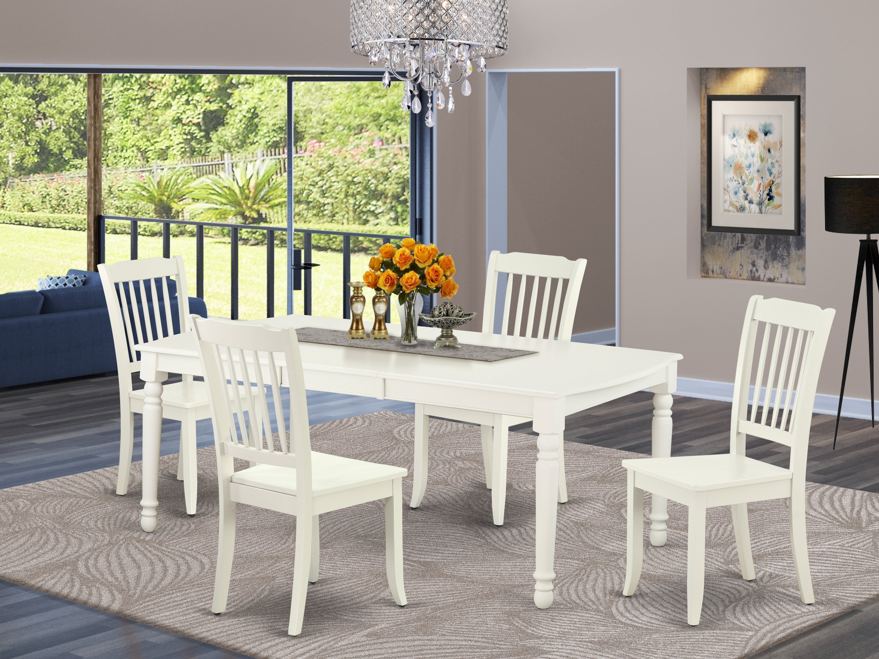 DODA5-LWH-W 5PC Rectangular 60/78 inch Table with 18 In Leaf and 4 vertical slatted Chairs