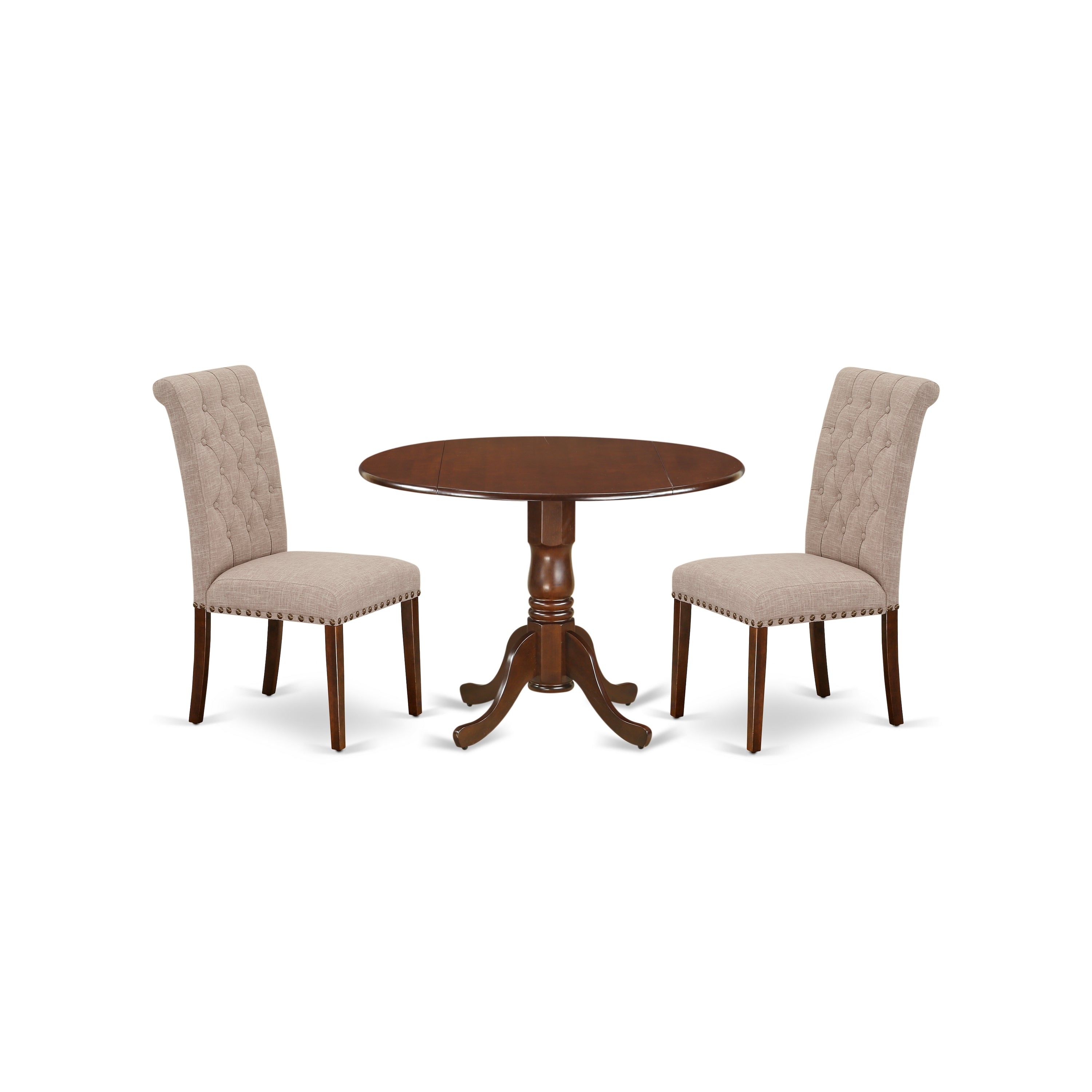 DLBR3-MAH-04 3Pc Dinette Set Includes a Rounded Kitchen Table with Drop Leaves and Two Parson Chairs with Light Fawn Fabric, Mahogany Finish