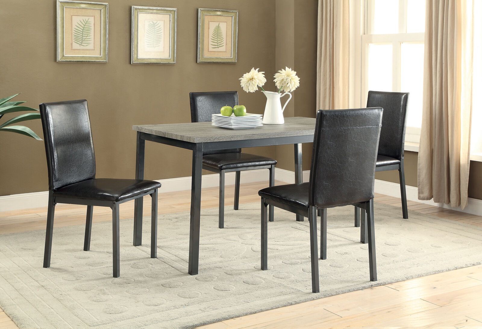 5-Piece Rectangular Wood Metal Leatherette Table Dinette Dining Set Grey Black