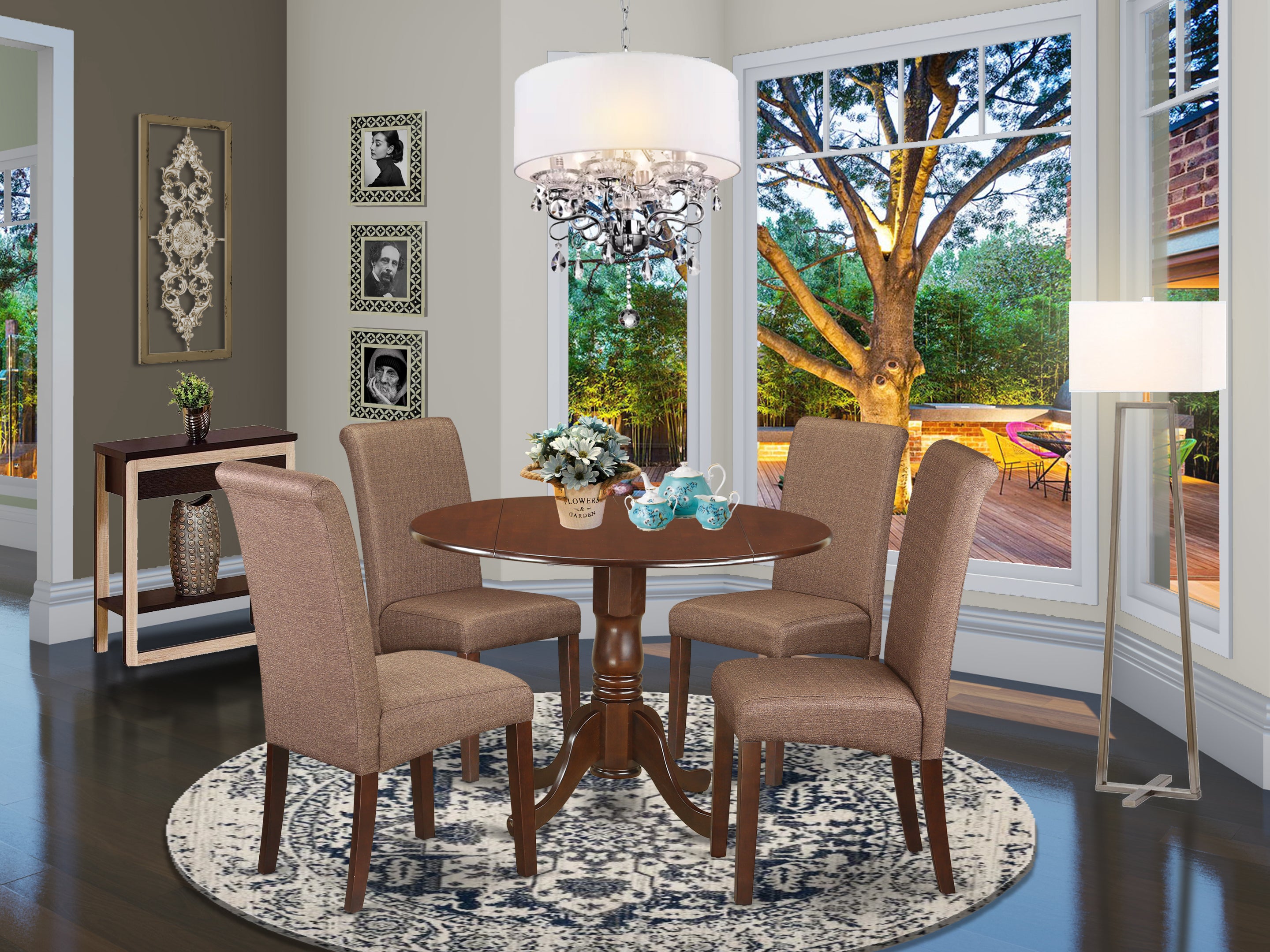 DLBA5-MAH-18 5Pc Small Round table with linen brown fabric Parson chairs with mahogany chair legs
